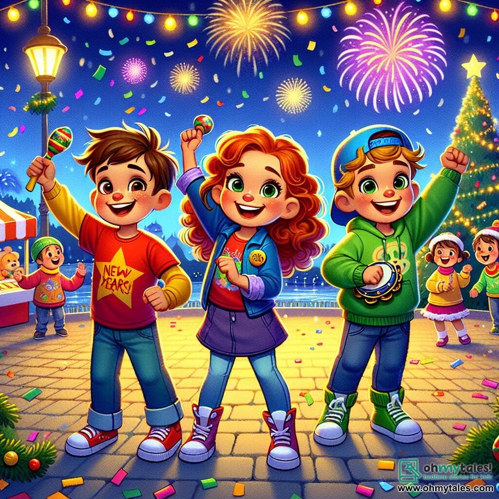 In a magical park, three children are gathered to celebrate New Year's Eve. Max, a nine-year-old boy with messy brown hair and a red t-shirt, stands in the center with his arms raised in joy. To his right is Lily, a girl with curly red hair wearing a bright green sweater, smiling and waving colorful confetti. On the left is Tom, a boy with a blue cap worn backward and a yellow sweatshirt, holding a tambourine and dancing energetically.

The park is illuminated by sparkling string lights, and a large decorated Christmas tree stands in the middle, surrounded by game and treat stalls. Fireworks burst in the starry sky, adding a magical touch to the festive atmosphere.

The children sing and dance together, surrounded by laughter and colors, eagerly awaiting the countdown to the new year.