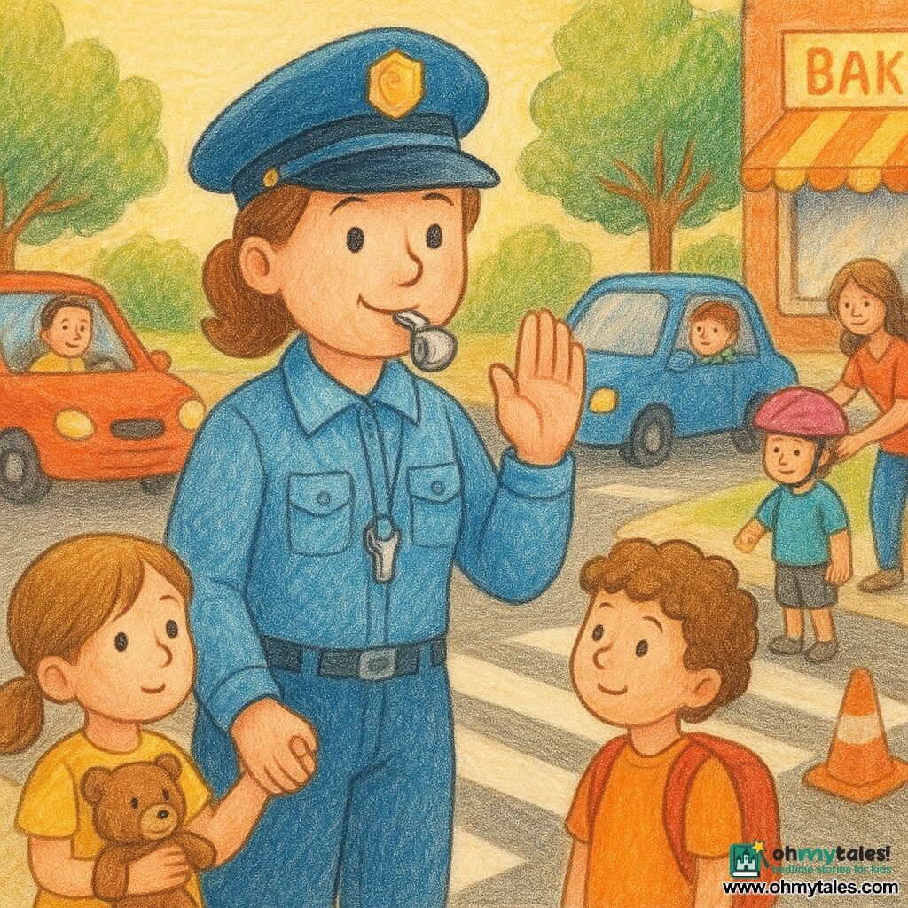 A smiling, kind female police officer with soft eyes and a round face wears a light blue uniform with a quilted jacket, shiny cap and a silver whistle she gently blows while raising her right hand in a calm, confident posture; a 5-year-old girl (Ana) in a yellow dress holding a small brown teddy and an adult's hand stands at the front left on the sidewalk, a 7-year-old curly brown-haired boy with a red backpack waits in line beside her looking left and right, and a mother fastens a pink helmet on a 4-year-old boy slightly in the background to the right; two drivers in small colorful cars (red and blue) are stopped at the white zebra crossing, windows down and smiling; setting: a street corner outside a school with a bakery on the corner, young green-leaved trees, a wooden bench, orange cones and white painted lines on the asphalt in golden morning light; main scene: a safe crossing at the zebra crossing with a gentle interaction between the officer and the children, clear gestures and a warm reassuring atmosphere; style: colored pencil, soft strokes, bright colors, grainy textures and simple, readable facial expressions for the children.