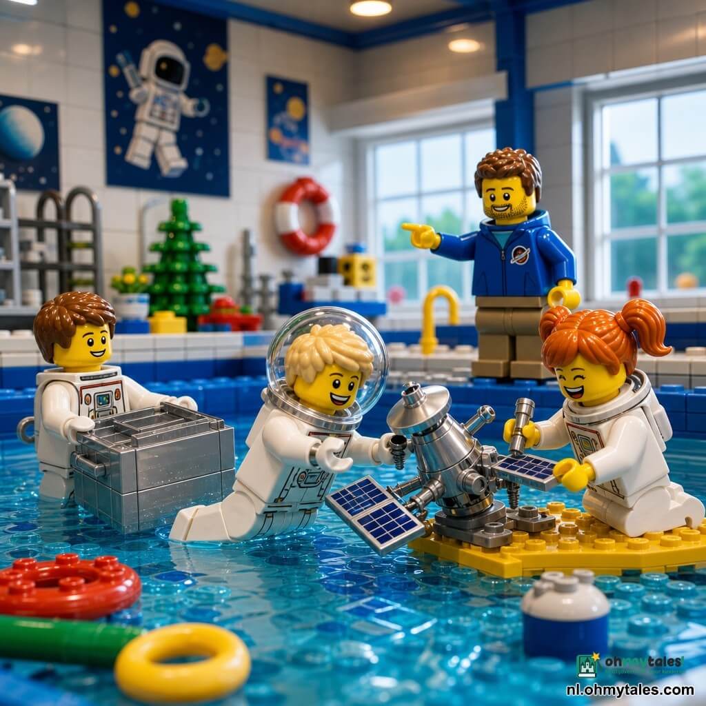 Hoofdpersonage: jongen ±8 jaar, blond kort haar, verwonderde glimlach, witte LEGO-achtige ruimtepak met zilveren randen en grote doorzichtige vizier, licht zwevend in water en reikt naar een klein zilveren speelgoed-satelliet; Bijfiguur 1: jongen ±9 jaar, bruin haar, geconcentreerd, in wit pak, duwt links van hoofdpersonage een grote zilverkleurige kunststof kist naar het midden van het bassin; Bijfiguur 2: meisje ±7 jaar, rood haar in staart, lacht, in wit pak, geknield op een drijvend platform rechts van hoofdpersonage, schroeft een klein schroefje in de satelliet; Bijfiguur 3: volwassen man (trainer) ~35 jaar, blauw trui, kort haar en lichte baard, staat op de rand van het bassin, glimlacht en wijst ter begeleiding; Locatie: groot verlicht binnenbassin met wit tegelwerk en blauwe rand, posters van astronauten, kleurige reddingsboeien en drijvende oefenbuizen, zacht licht van grote ramen; Situatie: samenwerkende, speelse reparatiescène waarbij kinderen in witte pakken zacht in het water zweven om een aan een touw bevestigde kleine zilveren satelliet te repareren, minimale spatten, vrolijke en geconcentreerde gezichten.