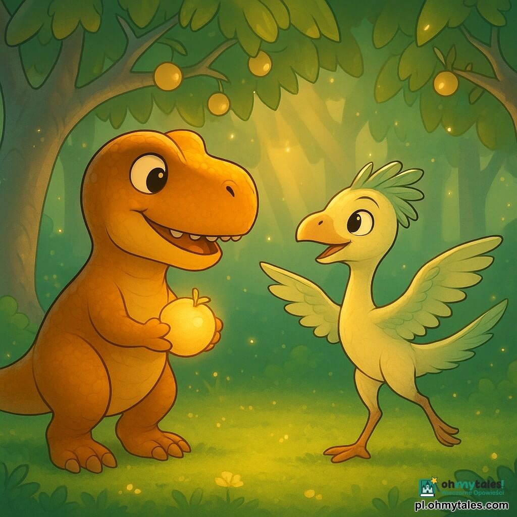 Taro, tyranozaur o łagodnym, zdumionym wyrazie i szerokim uśmiechu, łuskowatej bursztynowej skórze z złotym połyskiem, stoi na tylnych łapach i delikatnie trzyma świecący owoc; naprzeciwko Lira, smukła ornithopoda o krótkich kremowo‑zielonych piórach, wiruje na palcach jak tancerka, prowadząc go; scena w okrągłej świetlistej polanie z srebrzystymi pniami drzew, liśćmi w kształcie półksiężyców, gałęziami z mlecznymi owocami i miękkim mchem, przy świetle świetlików i złotych promieni — atmosfera ciepła, cudowności, ciekawości i przyjaźni, gdy Taro zrywa owoc otoczony kremową poświatą, a Lira tańczy na znak radości.