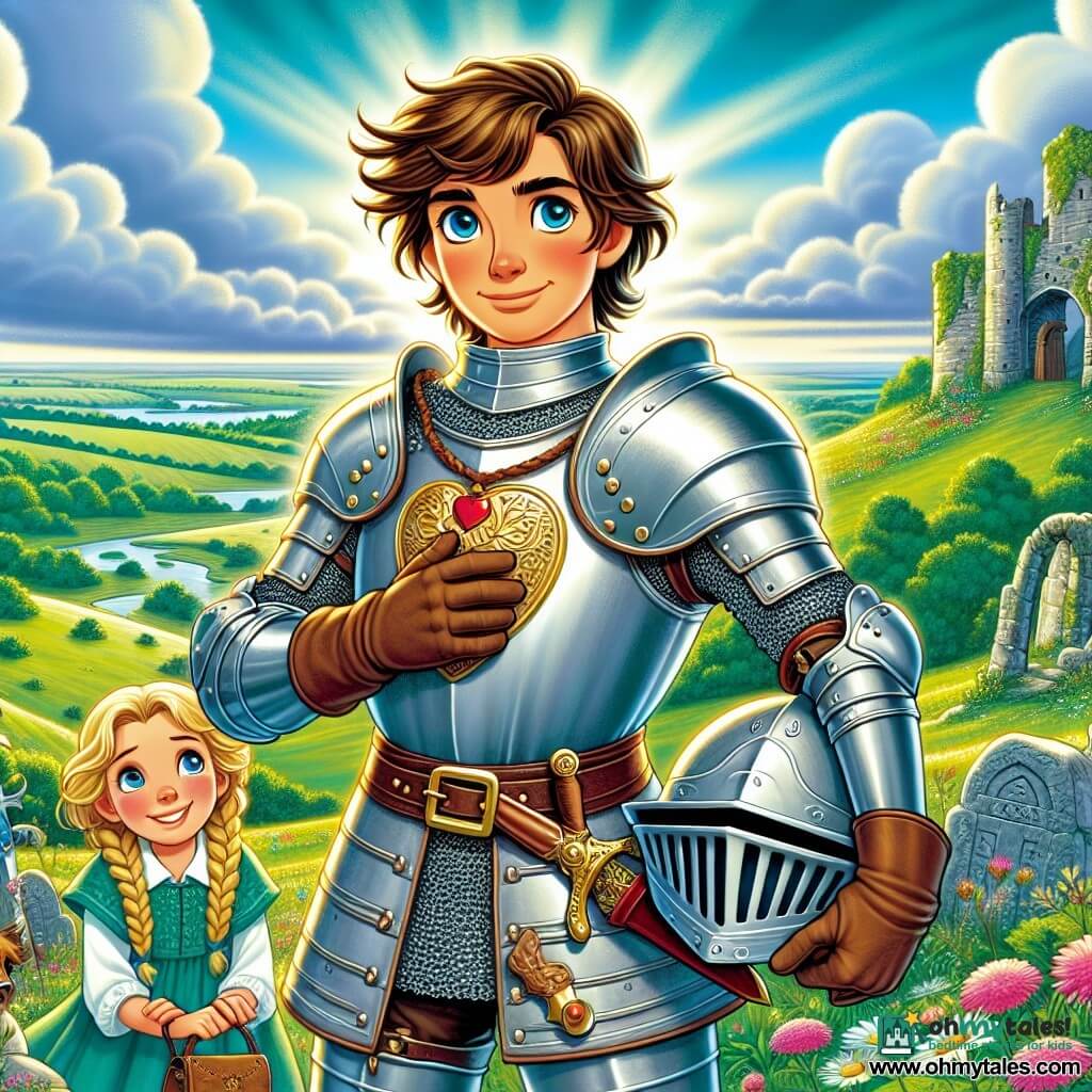 A young knight, Sir Cedric, stands proudly atop a hill, his armor gleaming under the setting sun. He has tousled brown hair and a determined look, his eyes shining with excitement and courage. In his hand, he holds a heart-shaped pendant, a symbol of his commitment to the land. Beside him is Bertha, a 12-year-old girl with braided blonde hair and a smiling face, watching in admiration. She wears a simple yet colorful dress and holds a small bag filled with herbs, ready to assist the knight in his quest. The backdrop is a vast green heath dotted with wildflowers and ancient stones, under a blue sky with white clouds. In the distance, a crumbling old bridge and a stone tower can be seen, their light shimmering faintly. The scene depicts Sir Cedric and Bertha, determined to restore the bridge and tower, symbols of hope for their village, as the gentle wind carries a sense of adventure and mystery.