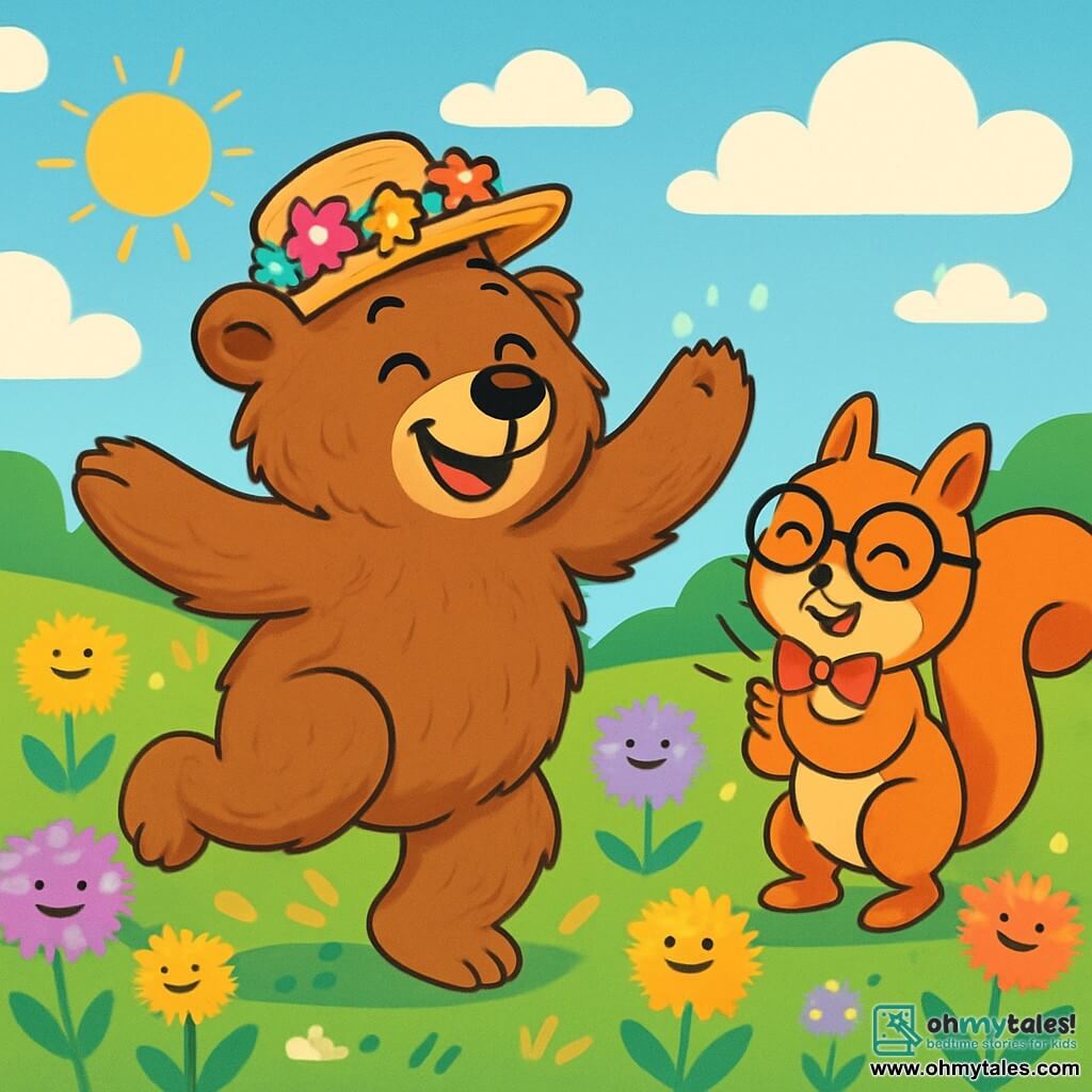 Benny, a brown bear with soft, tousled fur, joyfully dances in a sunny meadow, his eyes sparkling with happiness and a wide smile on his face. He wears a small straw hat adorned with colorful flowers, and his large paws beat the rhythm on the flowery ground. Next to him, a dandy squirrel in round glasses and a red bow tie twirls, his pink cheeks revealing his amusement. He claps enthusiastically, surrounded by dancing dandelions swaying to the rhythm of invisible music. The scene is a vibrant meadow dotted with fluffy, colorful dandelions under a bright blue sky, where candy-shaped clouds float gently. The main situation shows Benny and the squirrel dancing, surrounded by dandelions that seem to enjoy themselves, creating a joyful and absurd scene filled with bright colors and laughter.