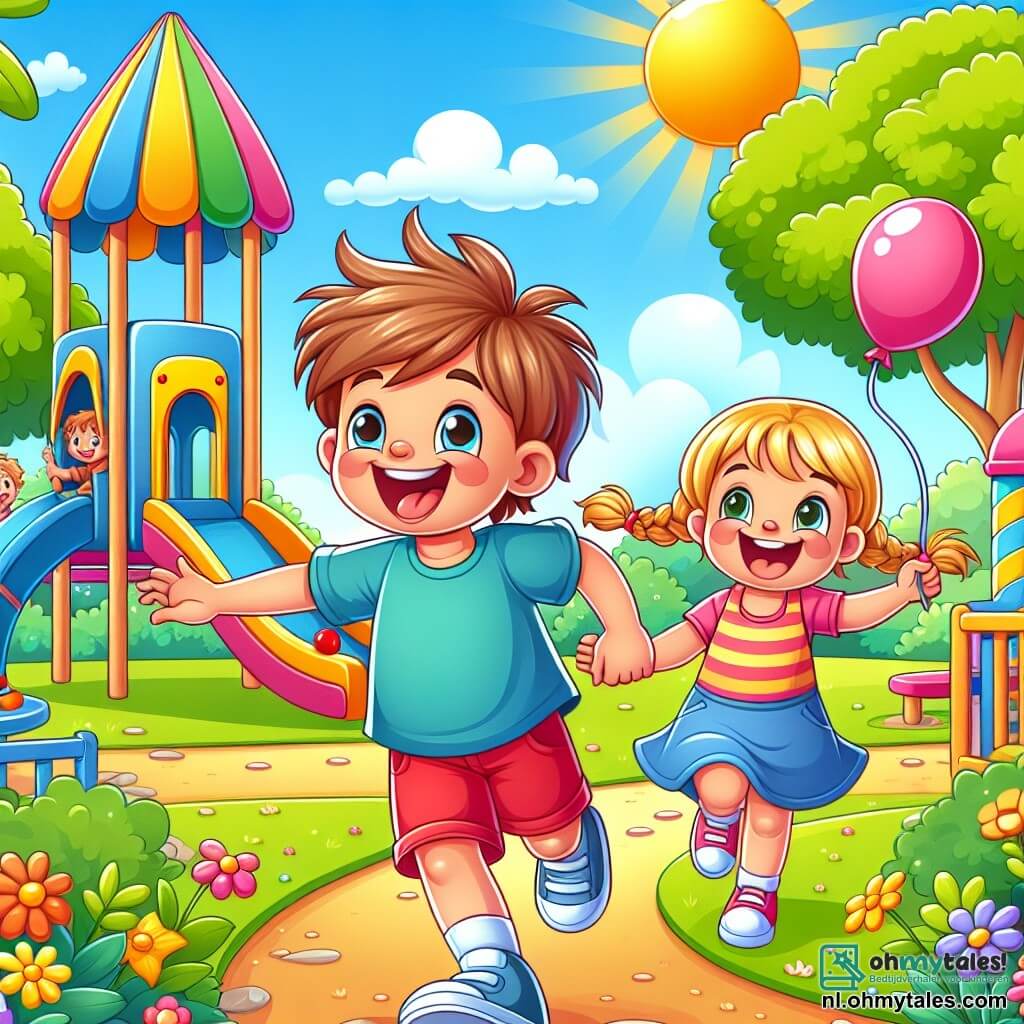 Een 6-jarig jongetje genaamd Tom, met rommelig bruin haar en een grote blije glimlach, draagt een blauwe T-shirt en een rode short. Hij speelt enthousiast in een zonnig park en rent naar een grote kleurrijke speelstructuur. Naast hem staat zijn 4-jarige zusje Anna, een meisje met blond haar en vlechten, die lacht terwijl ze een roze ballon vasthoudt en Tom bewonderend aankijkt. Het park is vol groen, met bomen met stralende bladeren en kleurrijke bloemen die dansen in de lichte bries. Op de achtergrond is een gele glijbaan en een schommel die zachtjes heen en weer zwaait. De hoofdscene toont Tom en Anna die samen plezier hebben, omringd door andere kinderen, terwijl de zon hoog aan de blauwe lucht straalt, waardoor een vrolijke en levendige sfeer ontstaat.