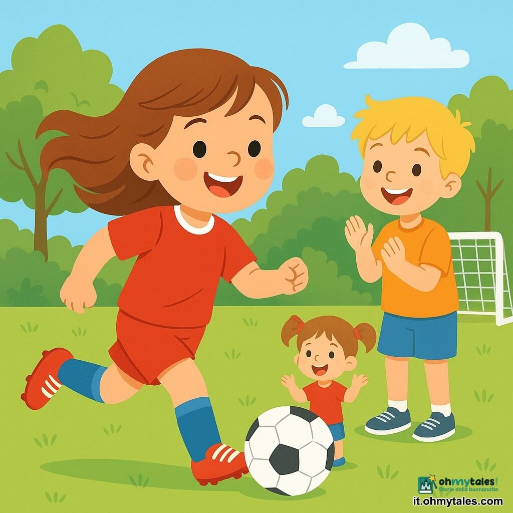 Una giovane ragazza, Sara, sorridente e piena di energia, indossa una magnifica divisa da calcio rossa con calze blu e scarpe brillanti. Sta dribblando un pallone da calcio bianco su un campo verde, i suoi capelli castani fluttuano nel vento, mostrando la sua determinazione e gioia. Accanto a lei, un ragazzo di nome Luca, di 8 anni, con i capelli biondi spettinati, applaude con entusiasmo in attesa di ricevere la palla. Più in là, una bambina di nome Mila, anch'essa di 8 anni, con due codini e un sorriso luminoso, si prepara a tirare in porta, le braccia alzate in segno di incoraggiamento. Il campo è circondato da alberi verdi e da un cielo blu chiaro, creando un'atmosfera gioiosa e amichevole. La scena mostra lo spirito di squadra e l'amicizia, con Sara che passa la palla a Luca, pronta a segnare un gol insieme.