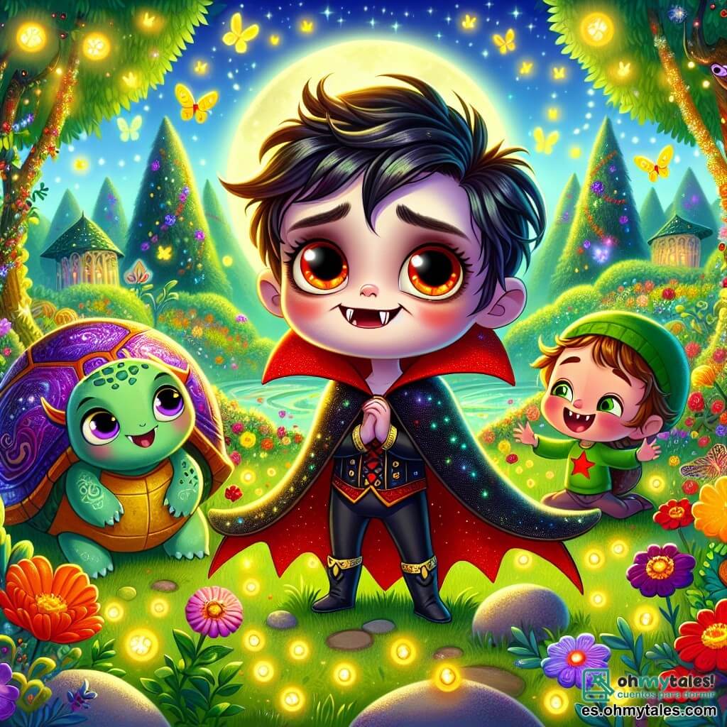 Un pequeño vampiro llamado Vico, con grandes ojos melancólicos y una capa roja brillante, se encuentra en el centro de su jardín encantado, mostrando una sonrisa cálida y una expresión de determinación. A su lado, un duende llamado Dimi, un niño travieso de unos 10 años, lleva una gorra verde y tiene un rostro jovial. Él baila alegremente, con los brazos levantados, rodeado de pequeñas luciérnagas que brillan a su alrededor. Una tortuga sabia llamada Tula, una anciana con un caparazón adornado con patrones coloridos, está cerca de Vico, observando con una mirada benevolente y una expresión de orgullo. Ella está sentada sobre una piedra, contando una historia con gestos animados. El jardín es un lugar mágico, lleno de flores de colores vivos, mariposas revoloteando y árboles con hojas doradas que brillan bajo la luz de la luna. Un dulce aroma de flores impregna el aire, creando una atmósfera de ensueño. En esta escena, Vico, Dimi y Tula unen sus fuerzas para liberar un cristal mágico que brilla intensamente en el centro del jardín, iluminando sus rostros alegres y decididos, mientras celebran su amistad y su búsqueda para salvar el jardín.