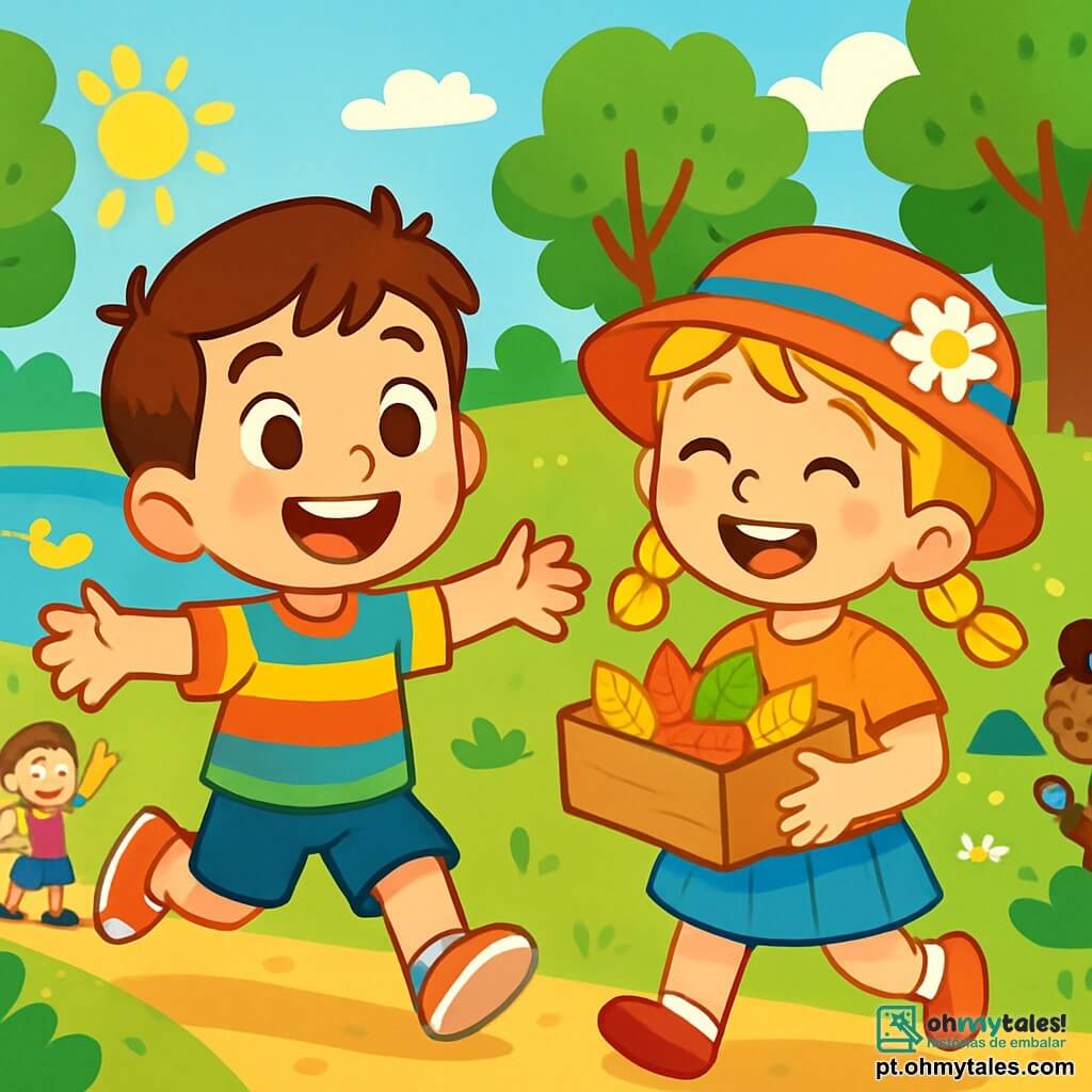 Um menino de 6 anos, Tomás, com cabelos castanhos e olhos brilhantes de alegria, usa uma camiseta colorida e um short azul. Ele sorri amplamente, com os braços abertos, correndo em direção a um grupo de amigos em um parque ensolarado. Ao lado dele, Matilde, uma menina de 6 anos com cabelos loiros em tranças e um chapéu de flores, ri enquanto segura uma caixa cheia de folhas coloridas. Ao fundo, árvores verdes e um lago cintilante com patos acrescentam vida à cena. A situação principal mostra Tomás e seus amigos se divertindo em busca de tesouros naturais, cercados de risos e cores vibrantes, ilustrando o espírito alegre das férias de verão.
