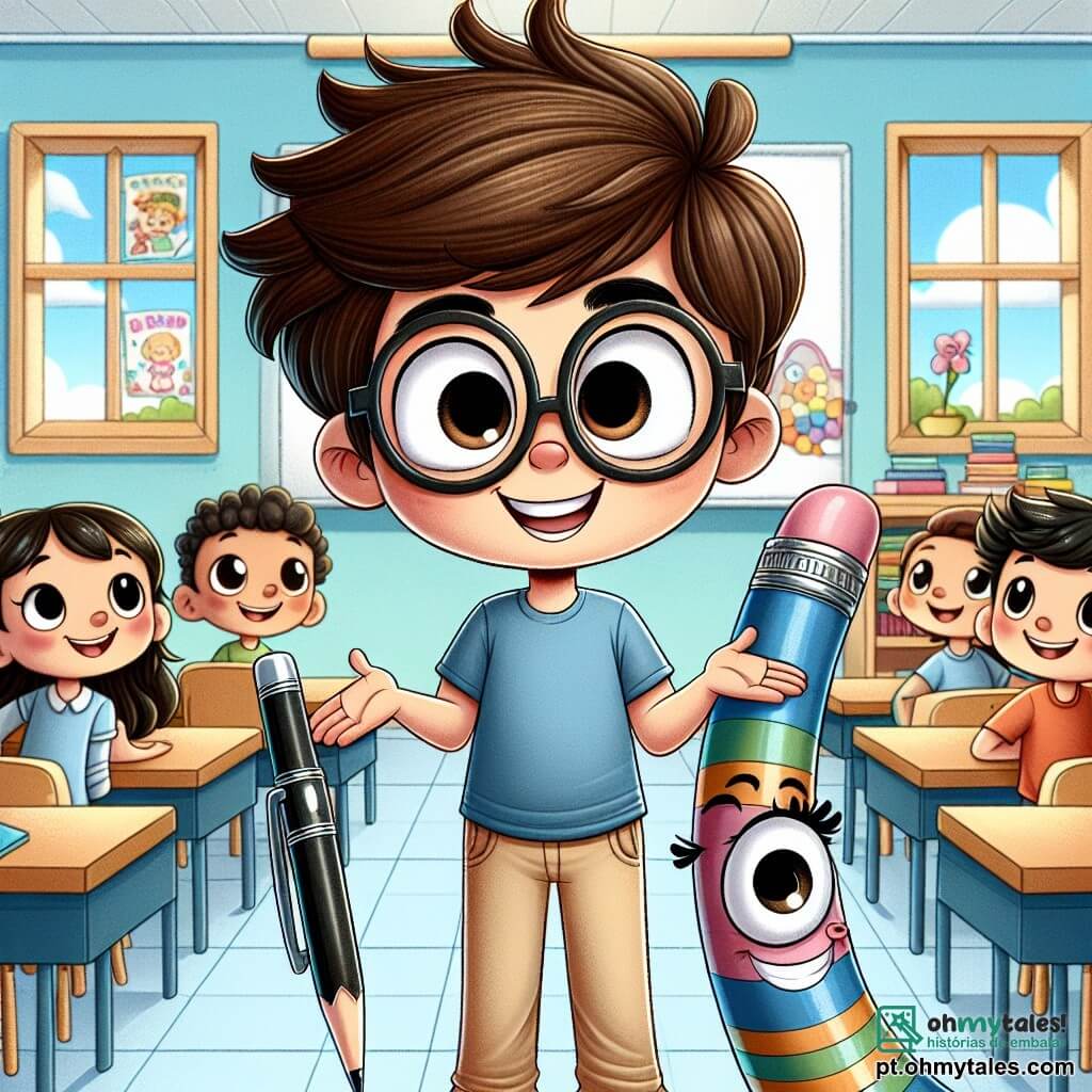 No centro da imagem, um jovem chamado Lucas, com cabelo castanho bagunçado e óculos redondos, está em pé diante de sua turma, seu rosto radiante de confiança e alegria. Ele veste uma camiseta azul e uma calça bege, segurando uma pequena borracha chamada Beto em sua mão, que sorri com olhos brilhantes. À sua direita, uma caneta chamada Clara, com um corpo fino e colorido, exibe um sorriso encorajador, seus traços animados e cores vivas refletindo seu entusiasmo. Ao fundo, a sala de aula é iluminada e acolhedora, com paredes decoradas com desenhos de crianças, cartazes educativos e janelas que deixam entrar a luz do sol. As carteiras de madeira estão dispostas em filas, e alunos curiosos, com rostos sorridentes, observam Lucas com admiração. A cena principal mostra Lucas, em pé com segurança, apresentando seu projeto de ciências para seus colegas, enquanto Beto, a borracha, o encoraja silenciosamente, simbolizando a autoconfiança e a amizade.