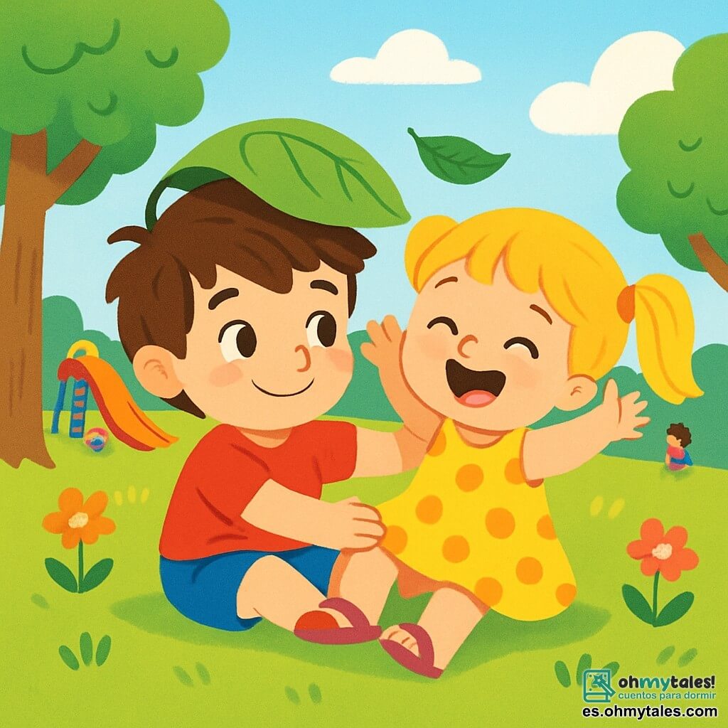 Hay 2 personajes principales: Mateo, un niño de 5 años con cabello castaño desordenado y ojos brillantes, que lleva una camiseta roja y un pantalón corto azul, sentado en la hierba sonriendo y sosteniendo una gran hoja verde como un sombrero; y Sofía, una niña de 5 años con cabello largo y rubio atado en dos coletas, vestida con un vestido amarillo con lunares y sandalias rosas, que está al lado de Mateo riendo y levantando los brazos, feliz. La escena tiene lugar en un parque soleado con grandes árboles de hojas verdes, flores coloridas que bailan con el viento y un cielo azul claro salpicado de algunas nubes blancas. Mateo y Sofía están sentados juntos en la hierba después de que Sofía se cayera. Mateo le ofrece un abrazo reconfortante mientras una hoja verde flota suavemente alrededor de ellos, simbolizando su amistad y alegría recuperada.