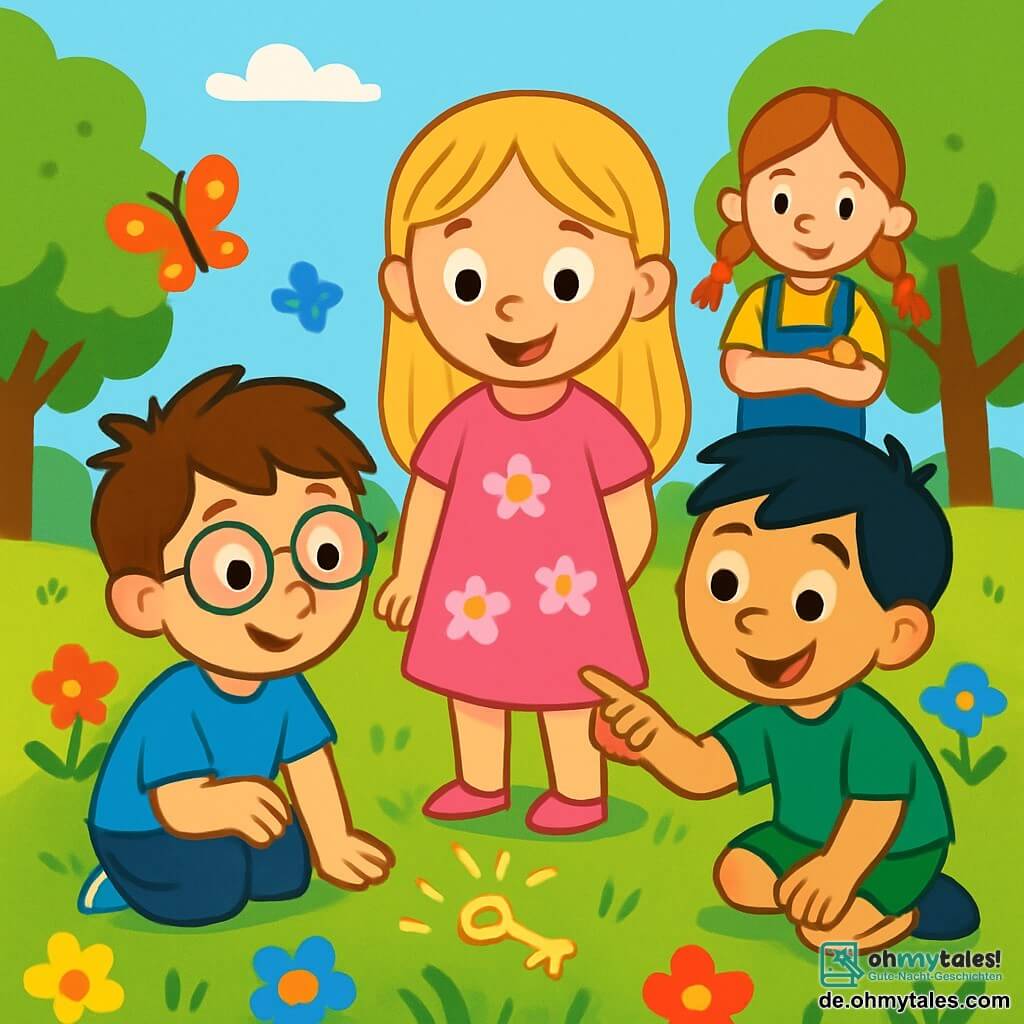 Es gibt 4 Kinder: - Lilly: ein 6-jähriges Mädchen mit langen blonden Haaren und strahlenden Augen. Sie trägt ein rosa Blumenkleid und steht in der Mitte, während sie das geheimnisvolle Objekt im Gras betrachtet. - Max: ein 7-jähriger Junge mit zerzausten braunen Haaren und einer Brille. Er trägt ein blaues T-Shirt und hockt links von Lilly, neugierig auf den kleinen Schlüssel. - Ben: ein 6-jähriger Junge mit schwarzen Haaren und einem schelmischen Lächeln. Er trägt eine grüne Shorts und steht rechts von Lilly, zeigt auf den Schlüssel, den er gefunden hat. - Mia: ein 5-jähriges Mädchen mit roten Haaren und Zöpfen. Sie trägt eine gelbe Latzhose und steht hinter Lilly mit verschränkten Armen, interessiert an der Entdeckung. Der Ort ist ein sonniger Garten, gefüllt mit bunten Blumen und grünen Bäumen. Das Gras ist leuchtend grün, und Schmetterlinge fliegen um die Kinder, was der Szene einen Hauch von Magie verleiht. Die Hauptsituation zeigt die Kinder, die einen kleinen glänzenden Schlüssel im Gras entdecken, ihre Gesichter erleuchtet von Neugier und Aufregung. Sie schauen sich mit weit aufgerissenen Augen an und sind bereit, das Geheimnis dieses geheimnisvollen Objekts zu lösen.