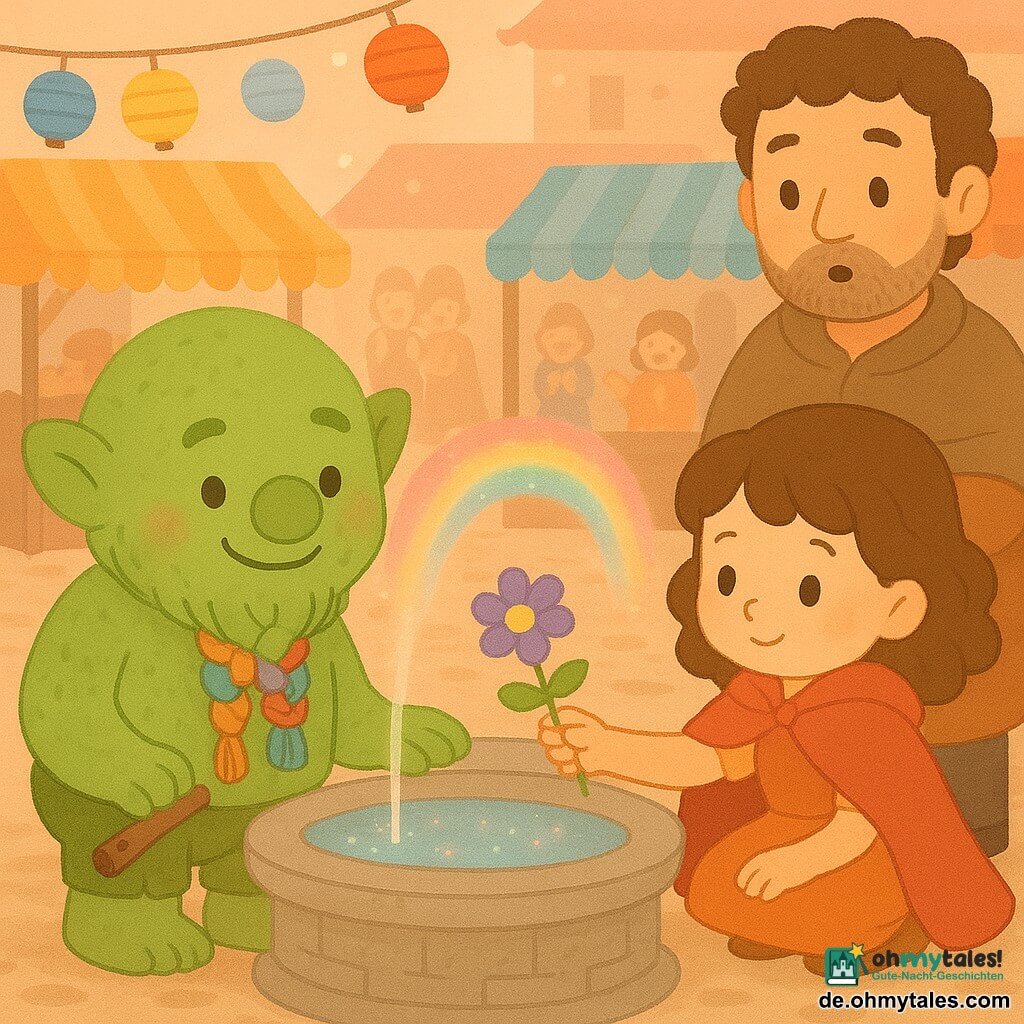 Ein kleiner Troll namens Brom, lächelnd und gerührt, mit weicher moosgrüner Haut, rundem Nasenrücken und geflochtener Bart aus bunten Wollfäden, steht neben einem steinernen Brunnen, eine Hand am Rand, die andere hält eine kleine Flöte; ein etwa siebenjähriges Mädchen, Lila, mit kastanienbraunen Locken und rot flatternder Kapuze, hockt am Brunnenrand, sanft und mutig, reicht dem Troll eine violette Blume; ein erwachsener Händler (ca. 40), markantes, überrascht-weiches Gesicht, hält eine kleine Federdose und steht leicht links hinter Lila; Schauplatz: Markt auf gepflastertem Platz mit bunten Ständen, hängenden Papierlaternen in Rot, Gelb und Blau und Lichterketten; zentrale Steinbrunnen sprüht klares Wasser in einen feinen Bogen, in dem ein zarter Regenbogen glitzert; Stimmung: freudige Versöhnung, das Wasser funkelt in rosa und goldenen Lichtreflexen, applaudierende Kinder im Hintergrund; Farb- und Stilrichtung: warme Pastelltöne, sanfte Kontraste, einfache Texturen, abgerundete Konturen, gemütliche, wohlwollende Atmosphäre; Bildkomposition: Nahaufnahme des Brunnens und der beiden Figuren in der Mitte, unscharfe Stände im Hintergrund, goldenes Abendlicht.