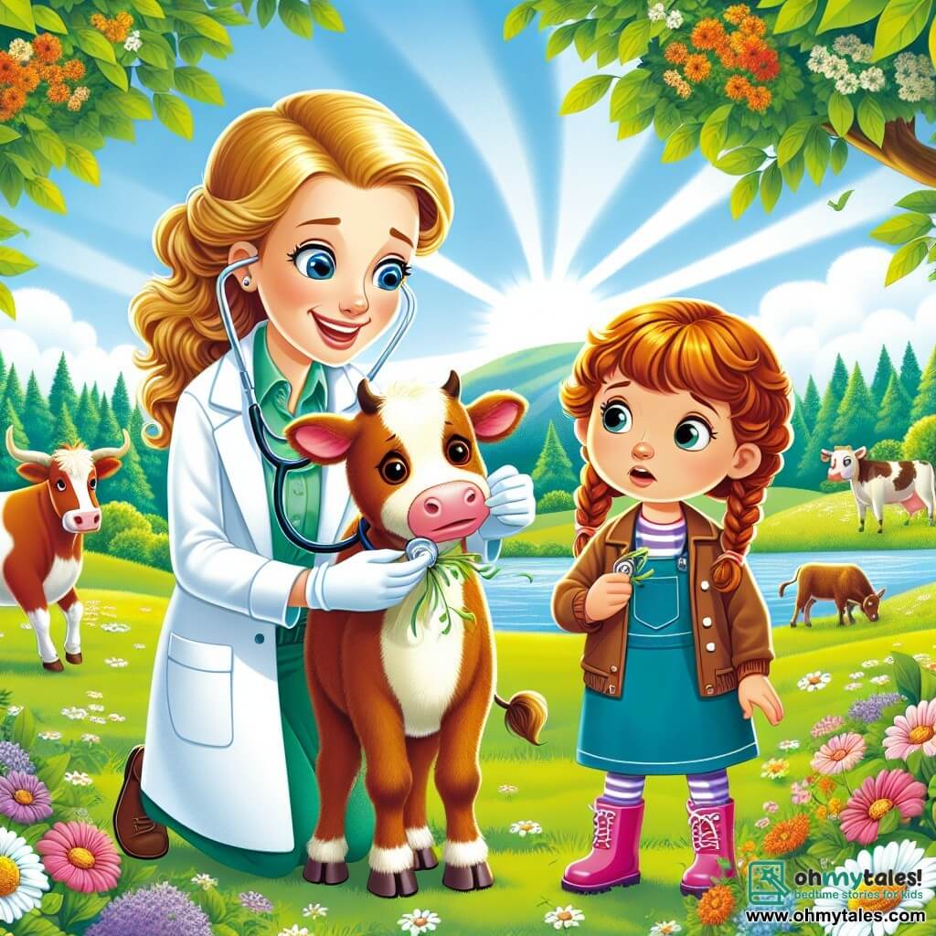 Dr. Lily is a smiling veterinarian with golden hair and sparkling blue eyes, wearing a large white coat. She is crouched down, gently examining a brown cow named Daisy, who looks a bit sad. Next to her, Mia, an 8-year-old girl with muddy pink boots and braided brown hair, watches in admiration with wide eyes of curiosity. She holds a stethoscope in her small hands and is ready to help. The scene takes place in a green field on a sunny farm, surrounded by colorful flowers and majestic trees, with happy animals frolicking around. Dr. Lily and Mia are working together to help Daisy, who has grass stuck in her mouth. The veterinarian carefully uses her hands to remove the grass while Mia observes attentively, eager to learn.