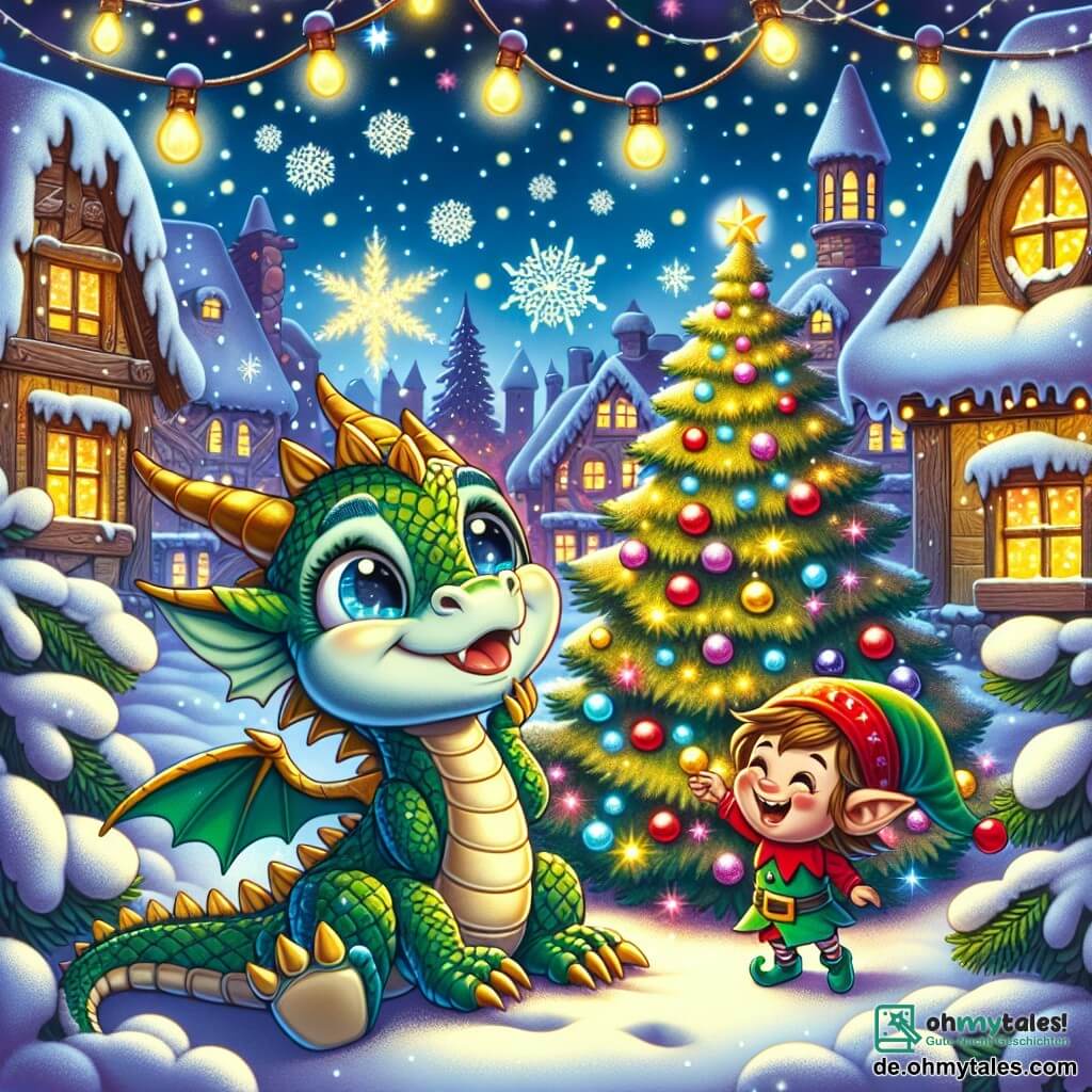 Ein kleiner Drache mit grünen und goldenen Schuppen, großen, neugierigen Augen, steht in der Mitte der Szene, erstaunt und lächelnd, während er einen riesigen, funkelnden Weihnachtsbaum betrachtet. Neben ihm tanzt ein kleiner Elf mit fröhlichem Gesicht, gekleidet in einem roten und grünen Kostüm mit spitzen Ohren, um den Baum und lacht vor Freude. Im Hintergrund leuchtet ein verschneites Dorf mit bunten Lichtern, Holzhäusern mit schneebedeckten Dächern und sanft fallenden Schneeflocken unter dem sternenklaren Himmel. Die Szene strahlt eine festliche und magische Atmosphäre aus und fängt den Moment ein, in dem der Drache und der Elf gemeinsam die Magie von Weihnachten unter den Sternen entdecken.