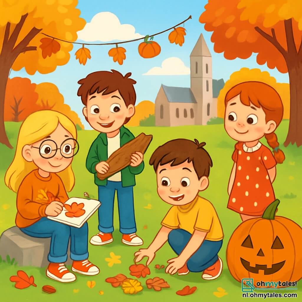 Er zijn 4 kinderen: - Lotte: een 8-jarig meisje met lange blonde haren en ronde bril, ze draagt een oranje trui met herfstbladeren erop. Ze zit op een grote steen en tekent een pompoen in haar schrift. - Jasper: een 8-jarige jongen met rommelig bruin haar en een ondeugende glimlach, hij draagt een groene jas en houdt een grote schors in zijn handen, staand naast Lotte. - Tim: een 8-jarige jongen met kastanjebruin haar en sprankelende ogen, hij draagt een gele t-shirt en is gehurkt om kleurrijke bladeren van de grond te rapen. - Sara: een 8-jarig meisje met rood haar in vlechten, ze draagt een rode jurk met witte stippen en staat rechtop, kijkend naar een grote pompoen met een glimlachend gezicht. De scène speelt zich af op een uitgestrekt groen grasveld, omringd door bomen met schitterende bladeren in geel, oranje en rood. In de verte is een grote stenen kerk te zien en een helderblauwe lucht met wolken. Herfstdecoraties, zoals slingers van bladeren en pompoenen, hangen aan de bomen. De kinderen zijn vrolijk bezig met knutselen, omringd door bladeren, schors en kleine herfstdecoraties, terwijl ze lachen en hun ontdekkingen over de schoonheid van het seizoen delen.