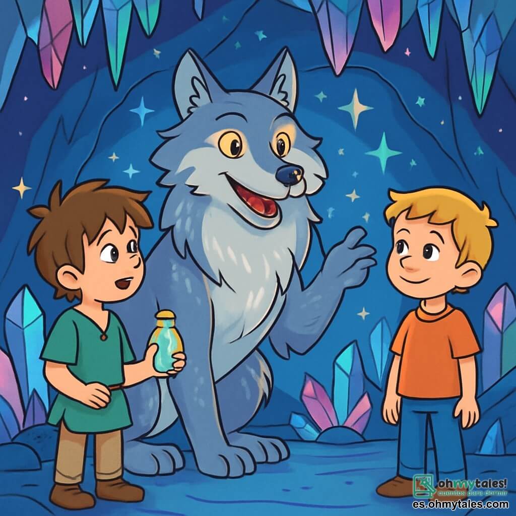 Un majestuoso hombre lobo, con un pelaje plateado que brilla bajo la luz de la luna, se encuentra en el centro de la escena. Sus ojos dorados reflejan una profunda sabiduría y una reconfortante dulzura, mientras muestra una expresión benevolente. Habla con una voz cálida, con sus grandes patas firmemente apoyadas en el suelo, rodeado de un aura mística. A su lado, Lucas, un niño de 10 años con cabello castaño desordenado, lleva una túnica verde y pantalones de lona. Mira al hombre lobo con admiración, sosteniendo una pequeña botella luminosa en su mano. Hugo, otro niño de 10 años con cabello rubio y ojos curiosos, se mantiene un poco atrás, sonriendo y escuchando atentamente, listo para hacer las paces. La escena tiene lugar en las Cuevas Cristalinas, un lugar encantador lleno de paredes de cristal que reflejan todos los colores del arcoíris. Estalactitas brillantes cuelgan del techo, y una suave luz azulada ilumina el espacio, creando una atmósfera mágica. La situación principal muestra al hombre lobo compartiendo un mensaje de paz y generosidad con los dos niños, cautivados por sus palabras. Destellos de luz bailan a su alrededor, simbolizando la armonía restaurada y la amistad que nace entre Lucas y Hugo.