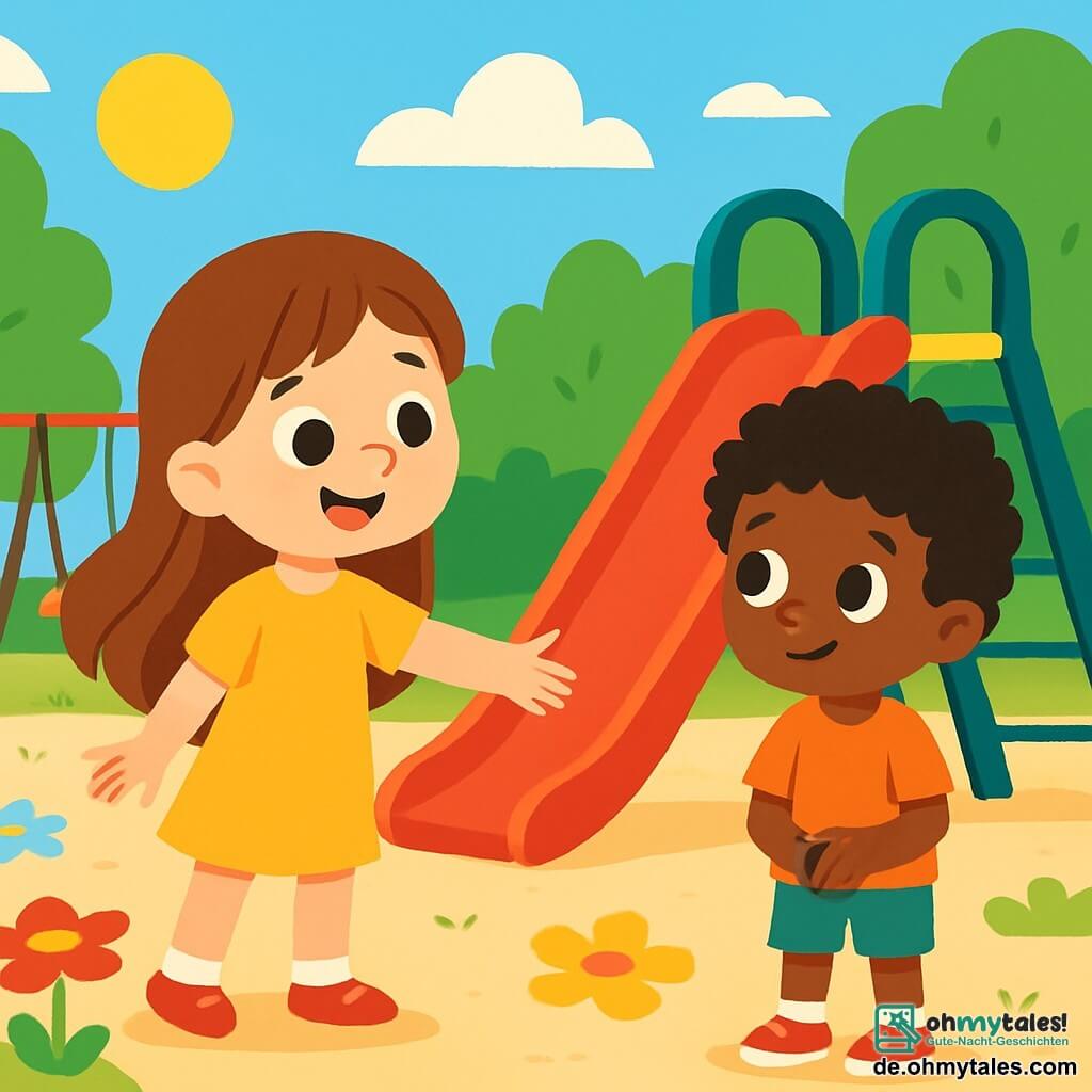 Ein 4-jähriges Mädchen, Lena, mit langen braunen Haaren und funkelnden Augen, steht in einem sonnigen Spielplatz. Sie hat ein warmes und neugieriges Lächeln im Gesicht, während sie ihre Hand nach Amir, einem 5-jährigen Jungen mit dunkler Haut und lockigem Haar, ausstreckt. Amir, etwas schüchtern, schaut Lena mit großen Augen und einem leichten Lächeln an, während er neben einer bunten Rutsche steht. Der Spielplatz ist mit bunten Spielgeräten gefüllt: einer großen roten Rutsche, gelben Schaukeln und Blumenzeichnungen auf dem Boden. Grüne Bäume umgeben den Ort, und der Himmel ist strahlend blau. Lena und Amir treffen sich, um zusammen zu spielen, was die aufkeimende Freundschaft und Toleranz symbolisiert. Lena, voller Enthusiasmus, versucht Amir zu überzeugen, die Rutsche hinunterzurutschen, während Amir, etwas zögerlich, neugierig zusieht.