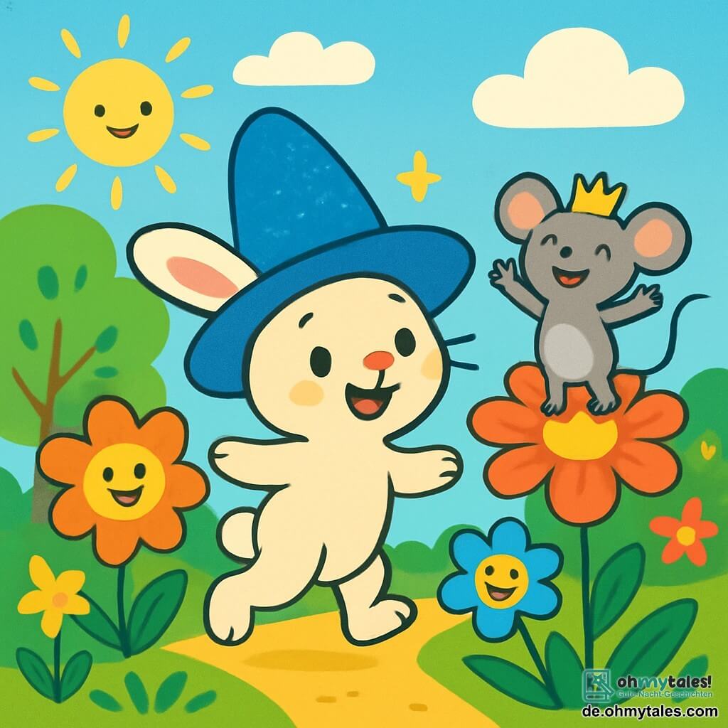 Ein kleiner Hase namens Leo mit einem weichen, seidigen cremefarbenen Fell trägt einen großen, glitzernden blauen Hut, der in der Sonne funkelt. Er hat ein fröhliches Lächeln und funkelnde, schelmische Augen, während er in einem Garten voller bunter Blumen hüpft. Neben ihm steht eine kleine Maus namens Mimi mit grauem Fell und einer goldenen Krone auf dem Kopf, die lachend ihren kleinen Schwanz wedelt. Sie steht auf einer riesigen Blume, die Arme zum Zeichen der Freude erhoben. Der Garten ist üppig, mit Bäumen mit leuchtend grünen Blättern, mehrfarbigen Blumen, die im Wind tanzen, und einem hellblauen Himmel mit flauschigen Wolken. Leo und Mimi haben Spaß daran, magische Blumen erscheinen zu lassen, die um sie herum lachen und tanzen, was eine fröhliche und bezaubernde Atmosphäre schafft.