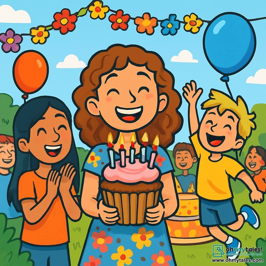 A 12-year-old girl, Lucy, with curly brown hair, beams with joy and a big smile, her eyes sparkling with happiness. She wears a colorful dress with floral patterns and holds a huge cupcake decorated with sparkling candles. Next to her, her best friend Priya, also 12, with long black hair, claps enthusiastically, her eyes shining with excitement. A little boy, Jamie, her 8-year-old brother, jumps for joy, his messy blonde hair, holding a blue balloon floating above him. The setting is a beautiful outdoor birthday party, with a large colorful cake at the center, surrounded by vibrant flower garlands and floating balloons. Children laugh and play around them, while a clear blue sunny sky lights up the scene. The main moment shows Lucy ready to blow out her candles, surrounded by friends and family, all eager to celebrate this magical moment together with laughter and a festive atmosphere.