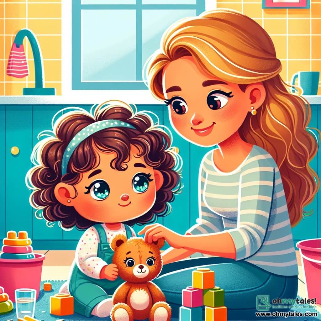 A 2-year-old girl with curly brown hair and sparkling eyes is sitting on a blue rug. She has a sad face and a slight frown, holding her teddy bear close. Next to her, her mother, a smiling woman around 30 with long blonde hair, is washing dishes in the kitchen, looking at her daughter with affection. The kitchen is bright, with yellow walls and a window letting in sunlight, and toys scattered around them. The little girl, looking at her building blocks, starts to pick them up to help her mom, showing a determined expression on her face.