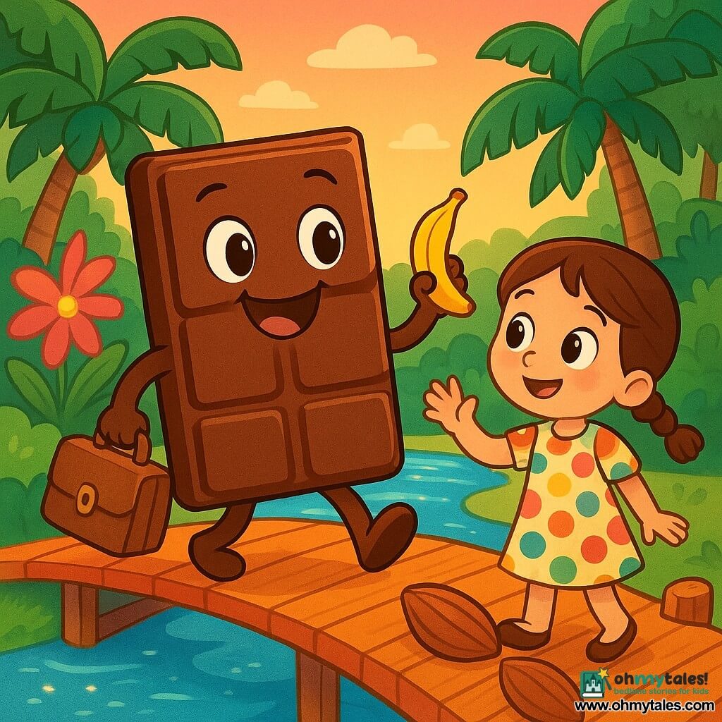 The main character is a smiling anthropomorphic dark-brown glossy chocolate bar with slightly rounded corners, carrying a small leather suitcase and walking happily; a small plush monkey with mischievous eyes and golden fur perches on the suitcase and waves a banana; a curious six-year-old girl with pigtails, a colorful polka-dot dress and wide-eyed wonder reaches out to touch the bar on the right; the scene is a colorful wooden bridge over a sparkling river with green tropical trees, large bright flowers and a few cacao pods on the bridge; the chocolate bar is traveling across the bridge at sunset, surrounded by friends, warm atmosphere, saturated colors, soft shapes and a centered, child-friendly composition.