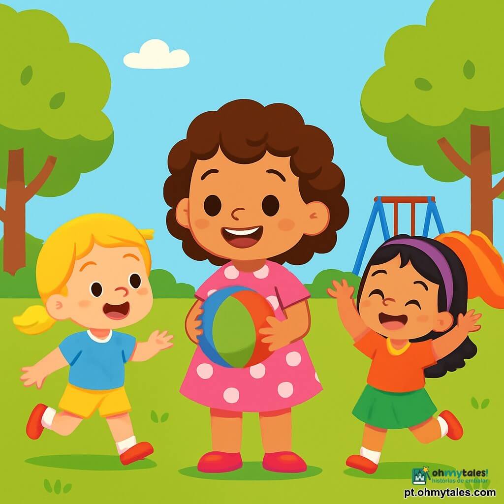 Há 3 personagens: - Sofia: uma menina de 3 anos, com cabelos cacheados castanhos e um sorriso radiante. Ela usa um vestido rosa com bolinhas brancas e está no centro, segurando uma bola colorida. - Clara: uma menina de 3 anos, com cabelos loiros trançados e olhos brilhantes. Ela está à esquerda de Sofia, correndo em direção à bola, vestida com uma camiseta azul e um short amarelo. - Luna: uma menina de 3 anos, com cabelos lisos pretos e uma faixa roxa. Ela está à direita de Sofia, rindo e levantando os braços, usando uma saia verde e uma camiseta laranja. O cenário é um parque ensolarado, com grama verde vibrante, árvores com folhas brilhantes e um céu azul sem nuvens. Ao fundo, há balanços coloridos e um escorregador vermelho. A cena principal mostra as três amigas jogando futebol, correndo alegremente atrás da bola, com risadas e expressões de felicidade em seus rostos. A atmosfera é cheia de vida e camaradagem, ilustrando a alegria do esporte e da amizade.