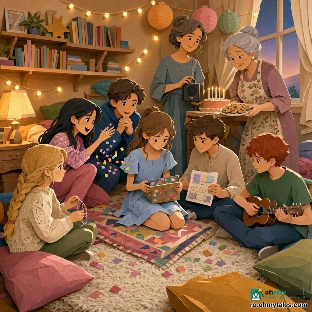 Sunt 8 personaje: Daria, fată 12 ani, păr șaten deschis în coadă, rochiță albastru pal, așezată central pe o pătură groasă, ține o cutie de pantofi decorată și zâmbește timid; Mina, fată 12 ani, păr negru lăsat, costumație roz cu paiete, ghemuită stânga de Daria, aruncă confetti de hârtie și râde cu ochii luminoși; Toma, băiat 12 ani, păr scurt brun, cămașă neutră, stă dreapta de Daria cu o foaie mică în mână ca organizator, postură serioasă dar blândă; Radu, băiat 12 ani, păr roșcat, tricou verde, puțin în spate dreapta, ține un ukulele miniatură pe genunchi și ciupește o coardă; Sara, fată 11–12 ani, păr blond împletit, pulover crem, stă lângă Mina, ține o brățară din ață și zâmbește blând; Victor, băiat 12 ani, păr brun ondulat, hanorac albastru, în spate lângă Sara, privește cutia curios cu mâinile împreunate; Maman, femeie ~35–40 ani, păr șaten- cenușiu prins, rochie simplă, stă lângă o masă cu un tort și dezvăluie un difuzor mic zâmbind; Bunica, femeie ~70 ani, păr gri coc, șorț cu flori, stă lângă masă cu o farfurie cu biscuiți, privire blândă și mâini întinse spre copii. Loc: o cameră transformată într-un colț cocon: covor crem gros, perne colorate, pătură cu motive geometrice, bibliotecă mică, ghirlandă de lumini galbene și felinare de hârtie, lampă de noptieră difuză și fereastră cu perdea subțire ce lasă o lumină crepusculară. Situație principală: mică petrecere aniversară intimă și calmă — copiii în cerc în jurul unei cutii de dorințe decorate, un tort cu lumânări pe masă, muzică lină dintr-un difuzor mic, lumină caldă aurie pe chipuri, confetti de hârtie pe covor; atmosferă tandră, caldă, atentă, gesturi respectuoase și fețe luminate, compoziție centrată pe cutie și expresii.