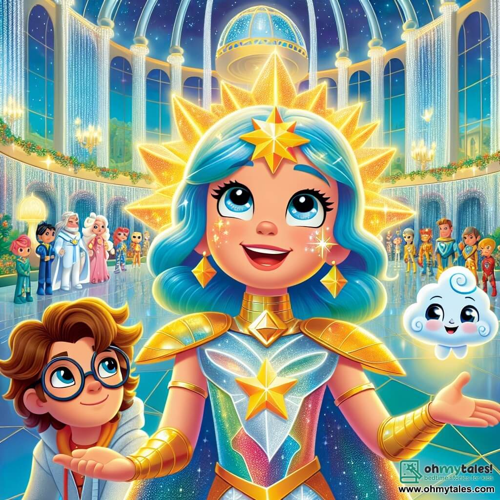 Starluma, a superheroine with sparkling blue hair and a color-changing golden armor, stands at the center of the scene, her face radiating curiosity and excitement. The star on her cheek shines brightly, illuminating her warm smile. Next to her is a 10-year-old boy named Leo, with round glasses and tousled brown hair, looking on with admiration. He holds a small cloud-shaped robot that floats beside him, his eyes sparkling with joy. In the background, the Hall of Stars at the Celestial Hideaway is majestic, with shimmering crystal walls, floating lanterns lighting up the room, and lush gardens visible through large windows. The main scene shows Starluma and Leo, surrounded by other superheroes, ready to hear an important announcement, their faces lit up with excitement and anticipation for a new adventure.