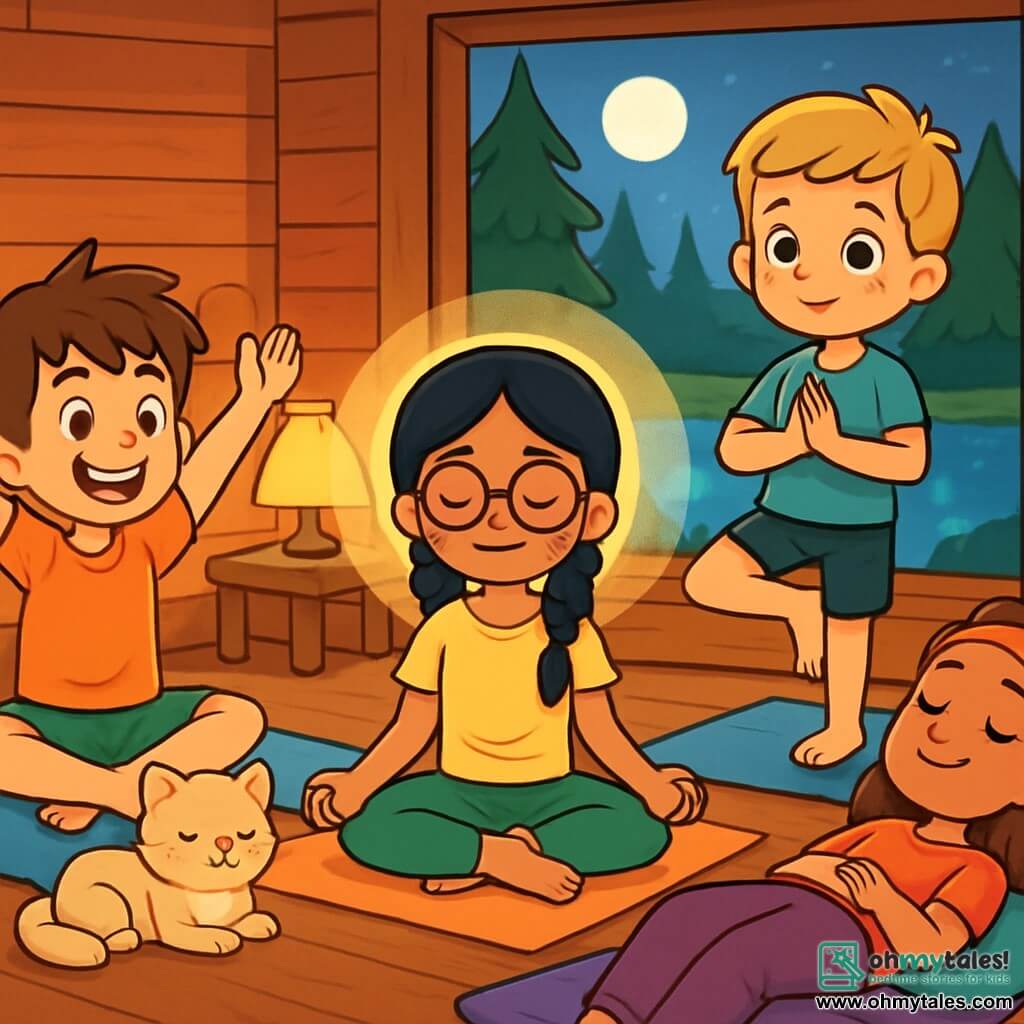 There are 4 children: Eli, a 10-year-old boy with messy brown hair and sparkling eyes, sitting in a yoga position with arms raised and a big smile; Maya, a 9-year-old girl with long braided black hair and round glasses, meditating with hands on her knees surrounded by soft light; Noah, an 11-year-old boy with blond hair and freckles, in a tree pose next to Eli, focused and balanced; and Ava, a 10-year-old girl with curly brown hair and a colorful headband, lying on a soft cushion with closed eyes and a serene smile. The setting is a cozy wooden cabin surrounded by tall green trees and a peaceful lake reflecting the moon. Inside, soft lamp light creates a calming atmosphere, with colorful cushions scattered on the wooden floor. The main scene shows the children practicing yoga together, breathing deeply, with a fluffy kitten nestled among them, adding a touch of sweetness to this calm and serene moment.