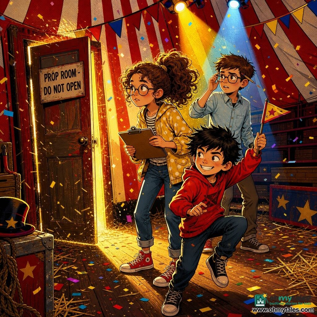 Three children in a red-and-gold circus tent: Zoe, 11, curly brown hair in a high ponytail, round glasses, yellow polka-dot jacket, holding a clipboard and looking toward a backstage door left-center; Milo, 12, short light-brown hair, square glasses, pale blue shirt, worried expression with a pencil behind his ear, standing to Zoe’s right slightly back; Jay, 10, tousled black hair, red sweatshirt, mischievous grin, tiptoeing in the foreground with a small paper flag. They inspect the clipboard searching for a labeled prop box amid straw dust and sparkling confetti, a slightly open “PROP ROOM - DO NOT OPEN” door at left casting a golden glow; the tent has wide red-and-white vertical stripes, wooden plank floor with straw and confetti, dark wooden benches in the background and yellow spotlights overhead.