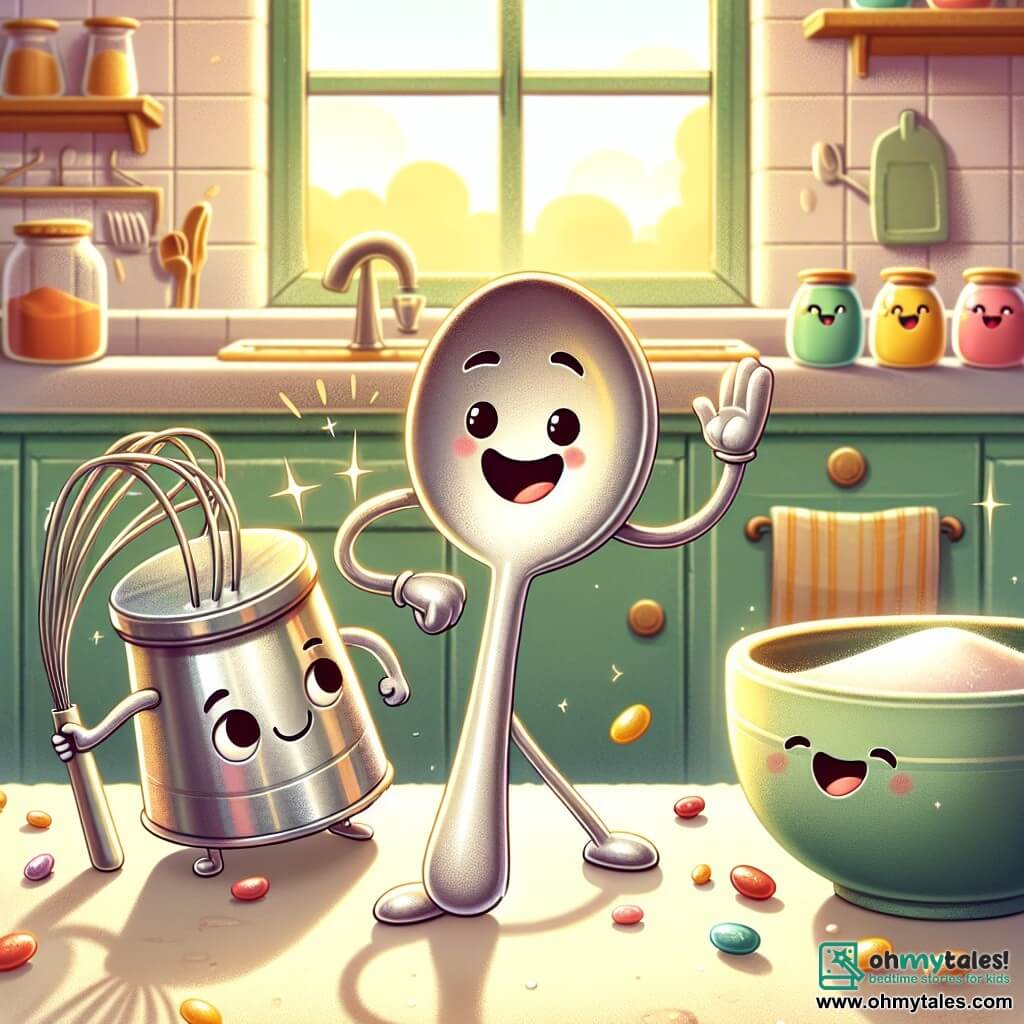 An illustration depicts a small metal character, a spoon shaped like a little person, with a bright smile and sparkling curious eyes. It stands on a kitchen table with arms outstretched, as if ready to embark on an adventure. Next to it, an old whisk with twisted metal wires and a friendly face looks on enthusiastically, its eyes shining with excitement. A group of cheerful, brightly colored beans is a bit further away on the counter, exchanging knowing glances and laughing, their little arms raised in encouragement. The main setting is a warm kitchen bathed in golden light, with pastel yellow walls and shelves filled with colorful jars. A large white ceramic sink sits at the back, while sunlight streams in through a window, illuminating the room. The main situation shows the little metal character determined to solve the mystery of a missing precious sugar bowl, while its friends cheer it on with smiles and laughter, creating an atmosphere of camaraderie and adventure. Other graphic elements include sparkling sugar crystals on the table, fun-shaped kitchen utensils, and a view of a lush garden through the window, adding a touch of magic to this lively scene.