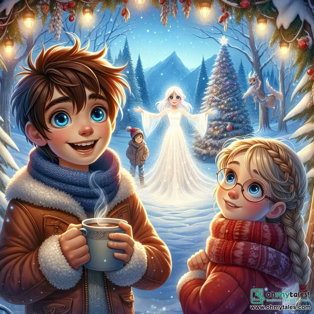 An 11-year-old boy, Oliver, with tousled chestnut hair and cobalt eyes, stands at the center of the scene, a wide smile lighting up his face. He is wrapped in a thick red jacket, with a scarf knitted by his grandmother around his neck, gazing in awe at an ethereal figure appearing before him. Next to him, Sarah, a 10-year-old girl with braided blonde hair and rosy cheeks from the cold, watches with wide eyes, her hands clasped around a cup of hot chocolate. Lucas, an 11-year-old boy with glasses and brown hair, stands slightly back, arms crossed, showing a mix of surprise and excitement. The scene takes place in an enchanted forest, where majestic trees are covered in a thick layer of shimmering snow, and snowflakes gently fall from the light blue sky. In the distance, a large illuminated fir tree sparkles, adding a touch of magic to the atmosphere. The main focus shows Oliver, Sarah, and Lucas discovering a beautiful Snow Maiden, an ethereal creature with frost hair and sparkling eyes, emerging from the shadows of the trees, illuminating the night with a soft glow. The children are captivated by this magical appearance, their faces radiant with joy and wonder.