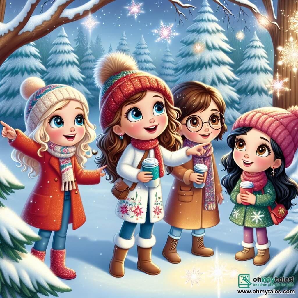 In an enchanted clearing in the heart of the Whispering Pines forest, four friends stand together, amazed. **Ella**, a 12-year-old girl with long brown hair and sparkling eyes, wears a bright red coat and a wool hat. She stands in the center, pointing at a majestic tree, the oldest in the forest, with a radiant smile. **Mia**, also 12, has curly blonde hair and rosy cheeks. She is to Ella's left, arms crossed, curiously watching the shimmering snowflakes falling around them. **Sophie**, another 12-year-old with brown hair and round glasses, stands to Ella's right, holding a thermos of hot chocolate, her eyes wide with wonder. **Lily**, the most pragmatic, has straight black hair and wears a colorful scarf. She is slightly behind, examining a snow-covered path glistening in the winter sun. The clearing is surrounded by tall snow-covered pines, with ice crystals sparkling on the branches. The ground is carpeted with a thick layer of pristine snow, and snowflakes gently fall from the light blue sky. In the center of the scene, the four friends discover the magic of winter, fascinated by the glowing little creatures, snow sprites, dancing around them, illuminating the clearing with a fairy-like glow.