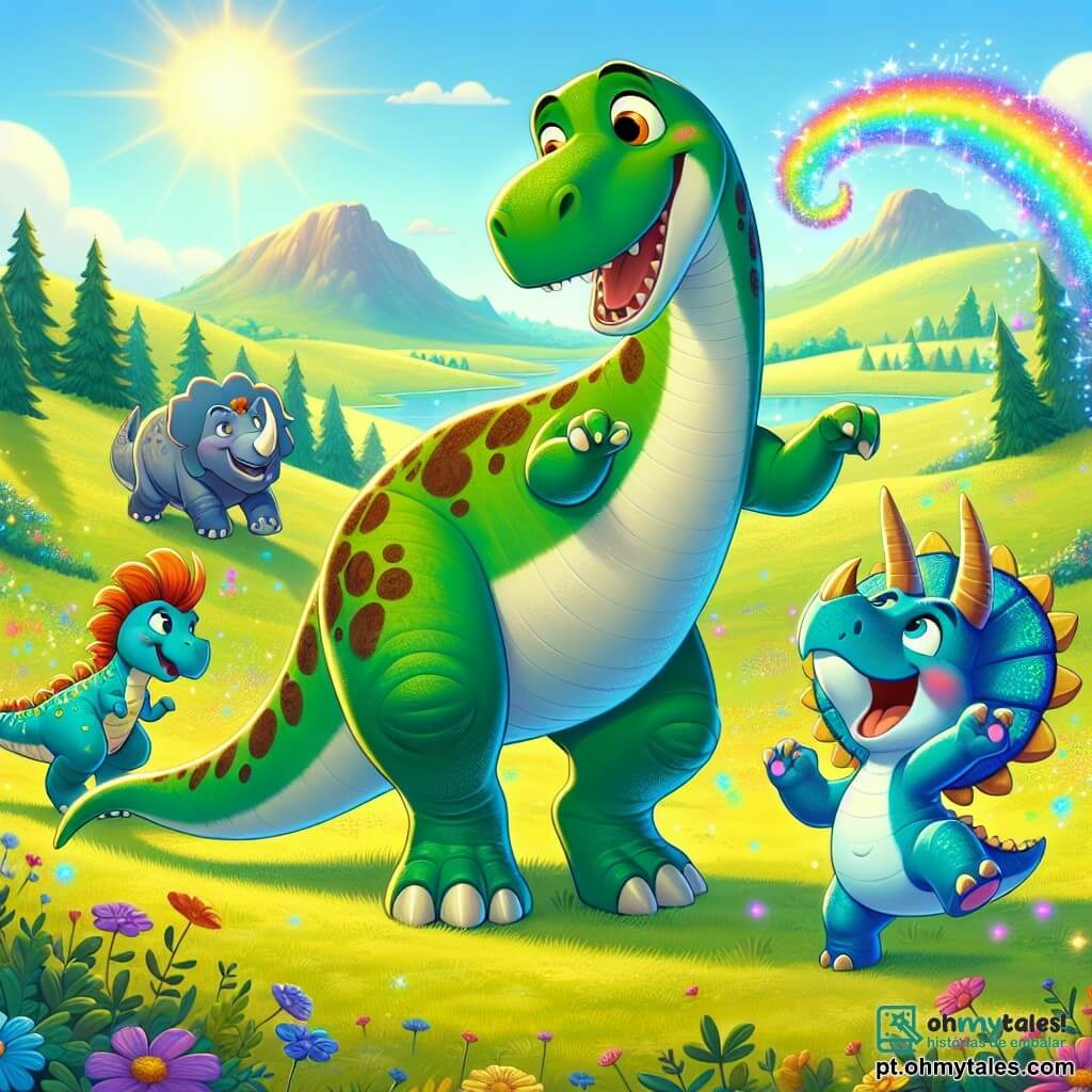 Um diplodoco chamado Dino, grande e gentil, com pele verde e manchas marrons, está no centro da cena, com os olhos brilhando de excitação, segurando uma pedra mágica que brilha em mil cores. Ao seu lado, Tara, um pequeno tiranossauro com escamas vermelhas e olhos brilhantes, dança alegremente, sua cauda se agitando com entusiasmo. Um pouco mais adiante, Pako, um tricerátops com chifres dourados e pele azul, os observa com um sorriso admirado, pronto para se juntar à dança. A cena ocorre em uma vasta planície verdejante, salpicada de flores coloridas e árvores majestosas, sob um céu azul radiante, onde o sol brilha calorosamente. Ao longe, montanhas suaves se desenham no horizonte. Dino, Tara e Pako dançam juntos, cercados por uma melodia mágica que emana da pedra cintilante, criando uma atmosfera alegre e festiva, cheia de risadas e amizade.