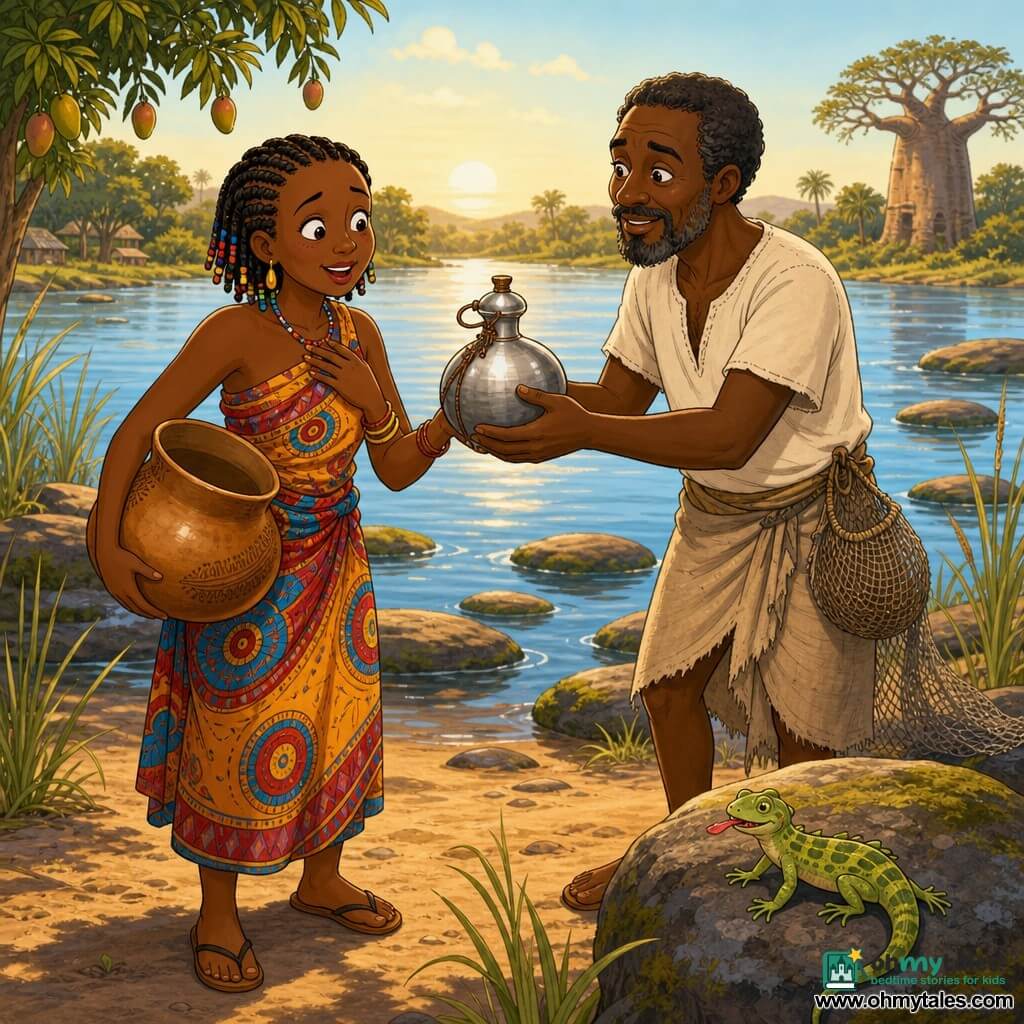 Main woman: Amina, ~30, round smiling face, warm brown skin, small braided hair with colorful beads, surprised sheepish expression, wide eyes and raised brows, holding a nearly empty light-brown clay gourd against her hip; Secondary 1: Badu, ~40, dark skin, short graying beard, simple fisher clothes, standing on rocks slightly leaning toward Amina offering a shiny metal water bottle, calm kind face; Secondary 2: small green lizard on a nearby rock, lazy gaze, tongue out; Setting: bank of a large African river with round mossy rocks, tall grasses and reeds, a few mango trees and a baobab, golden morning light casting reflections and long shadows; Scene: Amina arrives at the "singing rocks" with her almost empty gourd, posture slightly bent, regretful curious expression, Badu offering water as a patient gift, warm calm mood, saturated ochre/green/blue colors, soft lines, visible textures on rocks and fabric, composition focused on the hands exchanging the gourd.