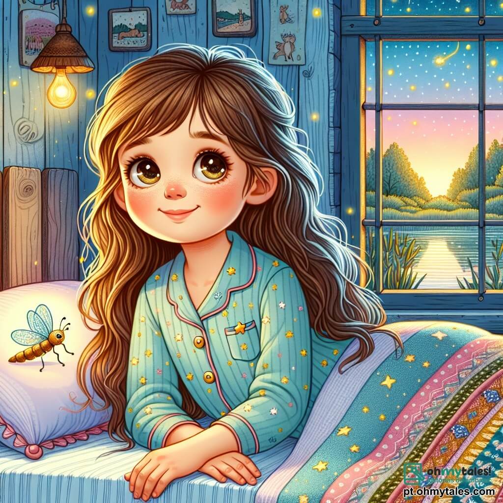 Uma menina de 8 anos, com longos cabelos castanhos e olhos brilhantes de curiosidade, está deitada em uma cama aconchegante, com um sorriso sereno no rosto. Ela usa um pijama de algodão azul claro decorado com pequenas estrelas douradas, e suas bochechas estão levemente rosadas, refletindo sua tranquilidade. Ao lado dela, uma vaga-lume cintilante, pequena e luminosa, voa suavemente, iluminando o ambiente com uma suave luz dourada. A cena acontece em uma cabana de madeira rústica, cercada por grandes janelas que deixam entrar a luz do crepúsculo. As paredes estão adornadas com desenhos de animais e paisagens, e uma coberta de lã colorida está cuidadosamente dobrada aos pés da cama. Do lado de fora, vê-se um lago calmo, refletindo as cores pastel do céu ao pôr do sol. A situação principal mostra a menina se preparando para dormir, cercada por cores suaves e pela luz delicada dos vaga-lumes, criando uma atmosfera zen e serena, perfeita para um momento de sonho.