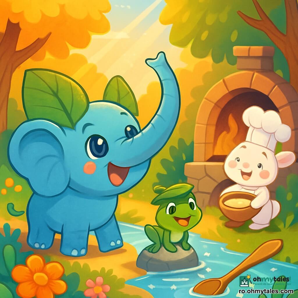 Un elefant drăguț și curios, numit Pufu, cu urechi mari în formă de frunze și ochi strălucitori ca stelele, stă vesel pe marginea unei ape strălucitoare. Zâmbește larg, cu trompa ridicată spre cer, ca și cum ar vrea să prindă razele soarelui. Lângă el, o broască mică și verde, numită Broscuța, cu ochi sclipitori și o căciuliță din frunze, sare vesel pe o piatră, pregătită să-l ajute în căutarea sa. Nu departe, un iepure alb adorabil, Iepurașul, cu obraje roz și o bonetă de bucătar, tremurând de emoție, pregătește aluat pentru pâine într-un vechi cuptor din piatră. Locul este o apă magică, înconjurată de flori colorate și copaci mari cu frunze aurii, unde razele soarelui dansează pe apa limpede. Situația principală îi arată pe Pufu și prietenii săi căutând o lingură pierdută, cu expresii de entuziasm și determinare pe fețele lor.