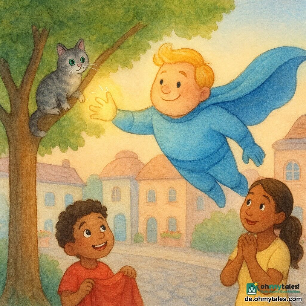 Ein lächelnder, wohlwollender Superheld mit rundem Gesicht und sonnenblonden Haaren in himmelblauem Kostüm und fließendem Umhang, rechte Hand mit leicht goldenem Leuchten, schwebt zum zentralen großen Laubbaum; ein etwa sechsjähriger Junge mit lockigen braunen Haaren, erstaunten Augen und erleichtertem Lächeln hält eine kleine rote Decke am Fuß des Baums links vom Helden; eine etwa 30-jährige Mutter mit kastanienbraunen zu einem Pferdeschwanz gebundenen Haaren, Hände vor dem Mund, steht leicht zurück rechts in einem blassen gelben Kleid und wirkt dankbar; eine getigerte graue Kätzin mit grünen Augen miaut auf einem hohen Ast, während der Held die leuchtende Hand ausstreckt, um sie zu nehmen; Hintergrund: bunte Stadtstraße mit pastellfarbenen Fassaden, runden Dächern, kleinen runden Fenstern, sanften Kopfsteinpflastersteinen und Blumen in Kästen, dämmerndes goldenes Licht, weiche Schatten, körnige Aquarelltextur und weiße Glanzlichter auf Kostüm und Augen, Nahaufnahme der Rettungsszene, Fokus auf Emotionen und Sanftheit.
