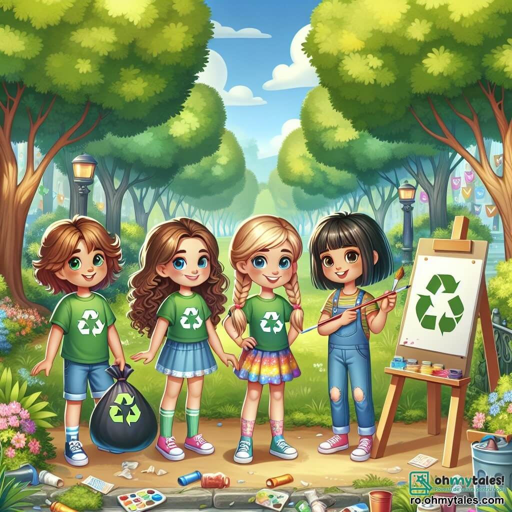 Într-un parc verde, patru fete stau împreună, pregătite să acționeze pentru ecologie. Ana, o fată de 12 ani cu părul brun și creț, poartă un tricou verde cu un logo de reciclare și ține o sacoșă cu deșeuri. Lângă ea, Maria, tot de 12 ani, are părul blond împletit și poartă o fustă colorată, având în mână un panou cu mesajul "Protejăm natura!". Elena, o fată cu părul castaniu și drept, este puțin mai mică, cu un zâmbet timid, și pictează un poster pe un suport. În cele din urmă, Ioana, cea mai înaltă din grup, cu părul negru și drept, poartă un maieu albastru și observă parc, pregătită să încurajeze trecătorii să participe la acțiunea lor. Parcul este plin de copaci majestuoși cu frunze verzi strălucitoare și flori colorate. La sol, deșeurile se află pe iarbă, contrastând cu frumusețea naturală a locului. Cele patru prietene organizează o zi de curățenie, hotărâte să strângă deșeurile și să conștientizeze pe alții despre importanța protejării mediului. Atmosfera este plină de energie și entuziasm, cu raze de soare care filtrează printre crengile copacilor, iluminând misiunea lor.