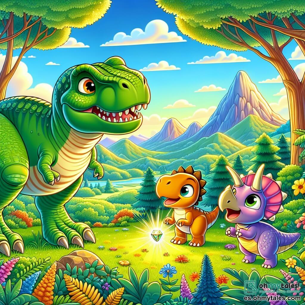 Un Tyrannosaurus Rex llamado Titi, con escamas verdes brillantes y ojos llenos de curiosidad, está en el centro de la escena, sonriendo con entusiasmo. A su lado, un triceratops llamado Trica, con una gran cuerno y escamas rosas, mira al Tyrannosaurus con admiración. Un pequeño velociraptor llamado Rapi, con plumas amarillas brillantes, salta alegremente a su alrededor, mostrando una expresión de felicidad. La escena transcurre en una vasta llanura prehistórica, llena de grandes árboles frondosos, flores coloridas y colinas verdes bajo un cielo azul brillante. A lo lejos, se alzan majestuosas montañas, añadiendo grandeza al paisaje. Titi, Trica y Rapi descubren un antiguo artefacto que brilla intensamente, simbolizando la amistad, y están listos para mostrárselo a los demás dinosaurios, llenos de emoción y alegría.