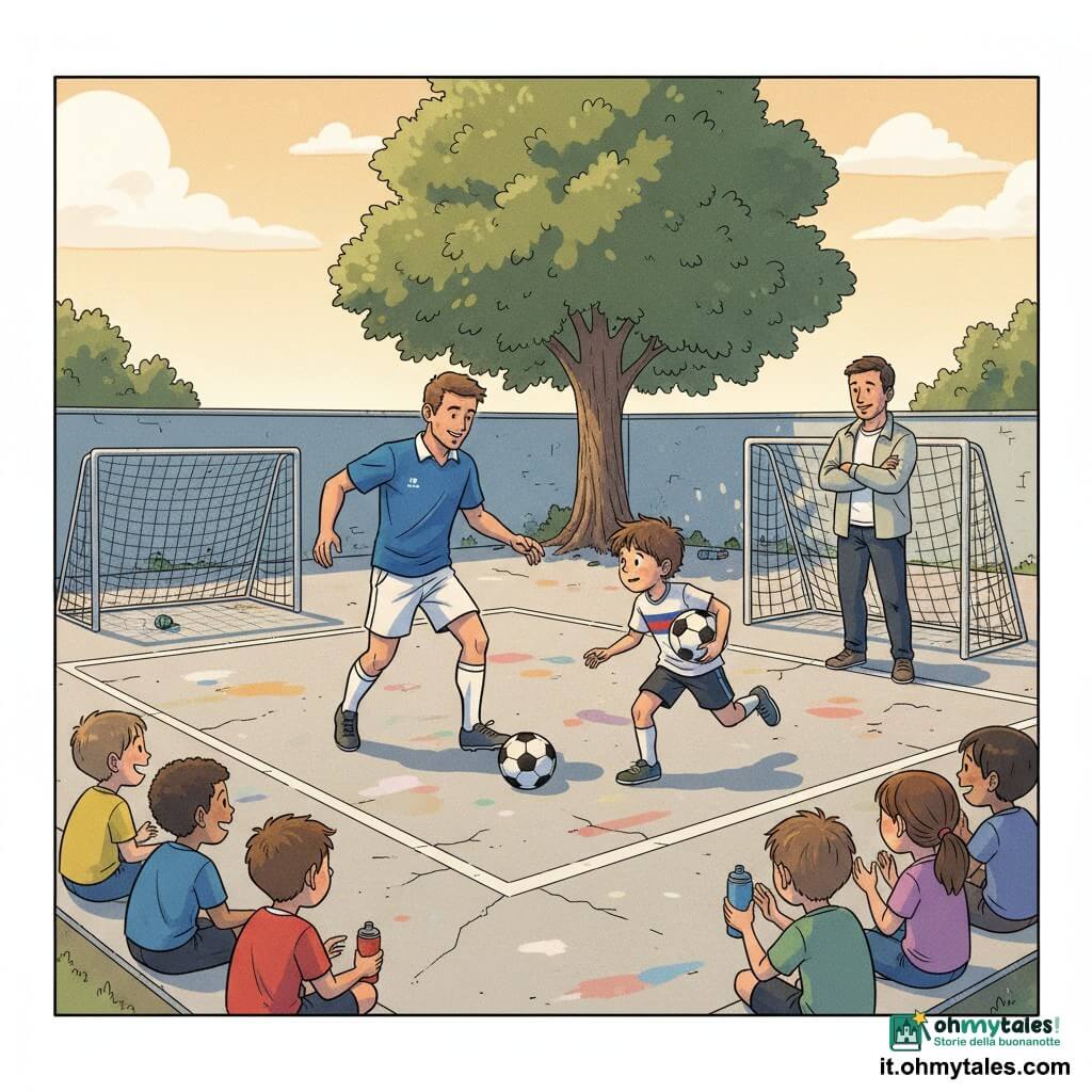 Un uomo adulto (Nicolás), sorridente e benevolo, capelli corti castani, maglia sportiva blu e pantaloncini bianchi, dribbla con sicurezza; un ragazzo di circa 10 anni (Federico), concentrato e determinato, capelli castani spettinati, maglietta consumata della squadra e pantaloncini corti, stringe il pallone sotto il braccio e corre per sfidarlo; l’allenatore Marco, sulla quarantina, viso amichevole, giacca leggera e braccia conserte, osserva e incoraggia dalla linea del campo; altri bambini (7–11 anni), maschi e femmine, ridono, applaudono o stanno seduti ai bordi con borracce; ambientazione: cortile scolastico al pomeriggio, piccolo campo rettangolare con rete del porticine usurate, pavimento in cemento crepato e segni di gessetti colorati, muretto basso blu e un albero sullo sfondo; scena: partita amichevole uno contro uno, azioni di dribbling, corsa e applausi, atmosfera calda e incoraggiante, colori caldi e stile fumetto luminoso.