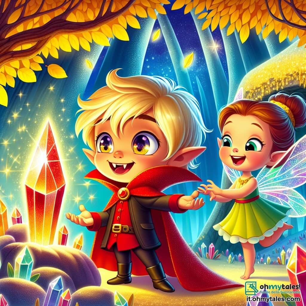 Un piccolo vampiro di nome Lino, un ragazzo con occhi brillanti come stelle e un mantello rosso vivo, si trova davanti a un magnifico cristallo scintillante in una grotta. Il suo viso esprime meraviglia e gioia, con un grande sorriso che illumina il suo volto. Accanto a lui, una piccola fata di nome Stella, una ragazza con ali trasparenti e capelli dorati, fluttua nell'aria, guardando Lino con un sorriso di incoraggiamento. La scena si svolge sotto un grande albero dalle foglie dorate, le cui branche si estendono maestosamente verso il cielo blu. La grotta, tappezzata di pietre brillanti, riflette la luce del cristallo, creando un'atmosfera magica e calorosa. Lino, meravigliato, tocca il cristallo magico, mentre Stella lo incoraggia con entusiasmo, creando un'atmosfera di scoperta e amicizia in questo regno fantastico.