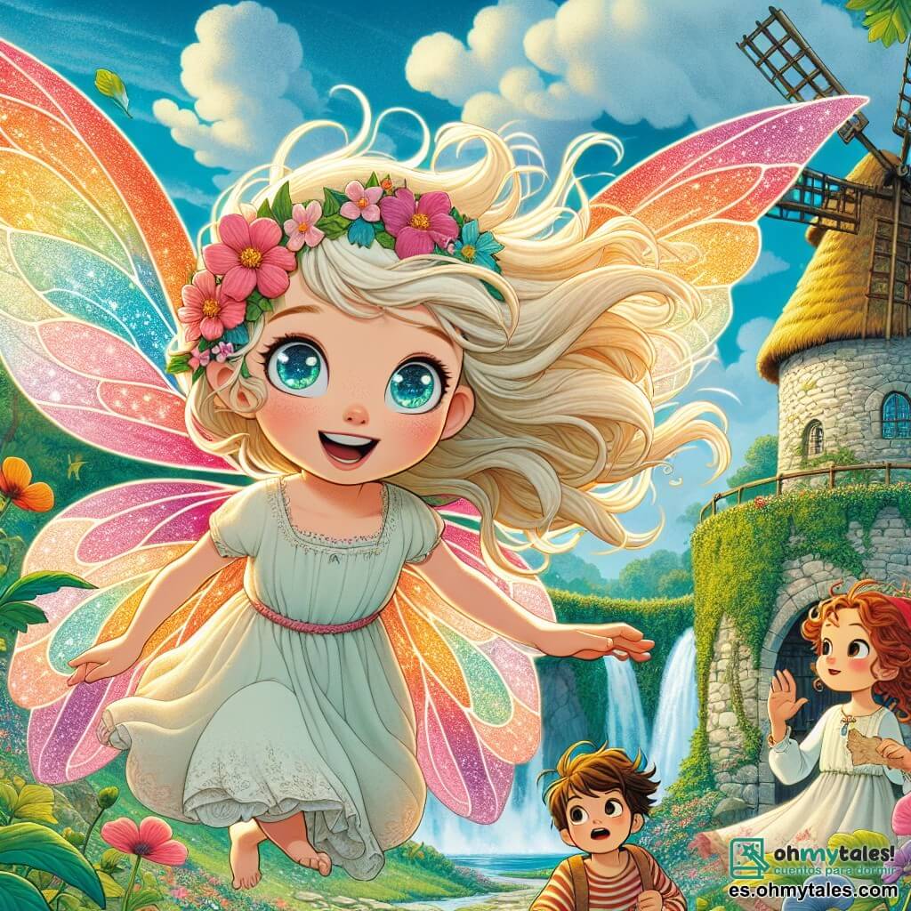 Lúmina, una niña mágica con alas coloridas como pétalos de flores, vuela alegremente sobre un viejo molino, su rostro iluminado por la emoción y la curiosidad. Sus ojos brillan como diamantes, y lleva un vestido ligero de tonos pastel que flota a su alrededor. A su lado, Martín, un niño intrépido con el cabello castaño desordenado y una camiseta a rayas, observa el molino con determinación, sosteniendo un trozo de mapa rasgado en su mano. Sofía, una niña valiente con cabello rizado y un vestido rojo brillante, está cerca de él, mostrando una mezcla de entusiasmo y nerviosismo, lista para explorar. El lugar es un paisaje encantador, con un viejo molino de piedra cubierto de hiedra, rodeado de majestuosos árboles de hojas verdes brillantes y flores coloridas que bailan al viento. El cielo es de un azul brillante, salpicado de nubes blancas esponjosas. La situación principal muestra a Lúmina, Martín y Sofía en plena investigación, preparándose para entrar en la cueva misteriosa detrás del molino, donde se oculta un tesoro y secretos por descubrir, mientras risas lejanas de chicos misteriosos resuenan en el aire.