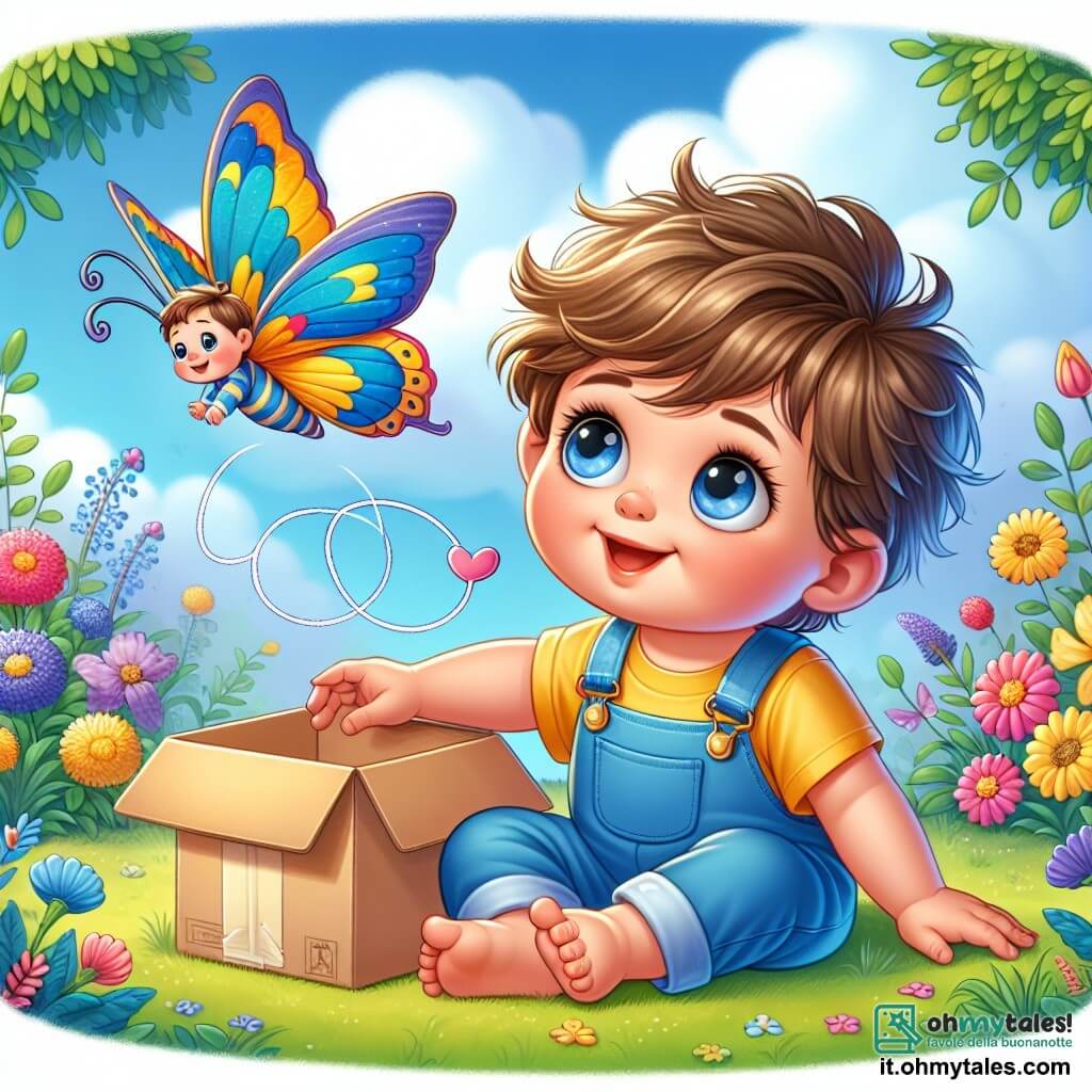 Un bambino di un anno, di nome Leo, con capelli castani disordinati e grandi occhi curiosi, è seduto nel suo giardino, con un grande sorriso sul volto. Indossa una salopette blu e una maglietta gialla, tenendo in mano una piccola scatola di cartone che ha trasformato in un razzo. Accanto a lui, una bellissima farfalla colorata, con ali dai toni vivaci di blu e giallo, vola gioiosamente attorno a lui, aggiungendo un tocco di magia alla scena. Il giardino è pieno di fiori vivaci, grandi alberi con foglie verdi e un cielo azzurro chiaro punteggiato da alcune nuvole bianche e soffici. In questa situazione principale, Leo, meravigliato, guarda la farfalla che volteggia attorno a lui, pronto a volare verso nuove avventure nella sua immaginazione.