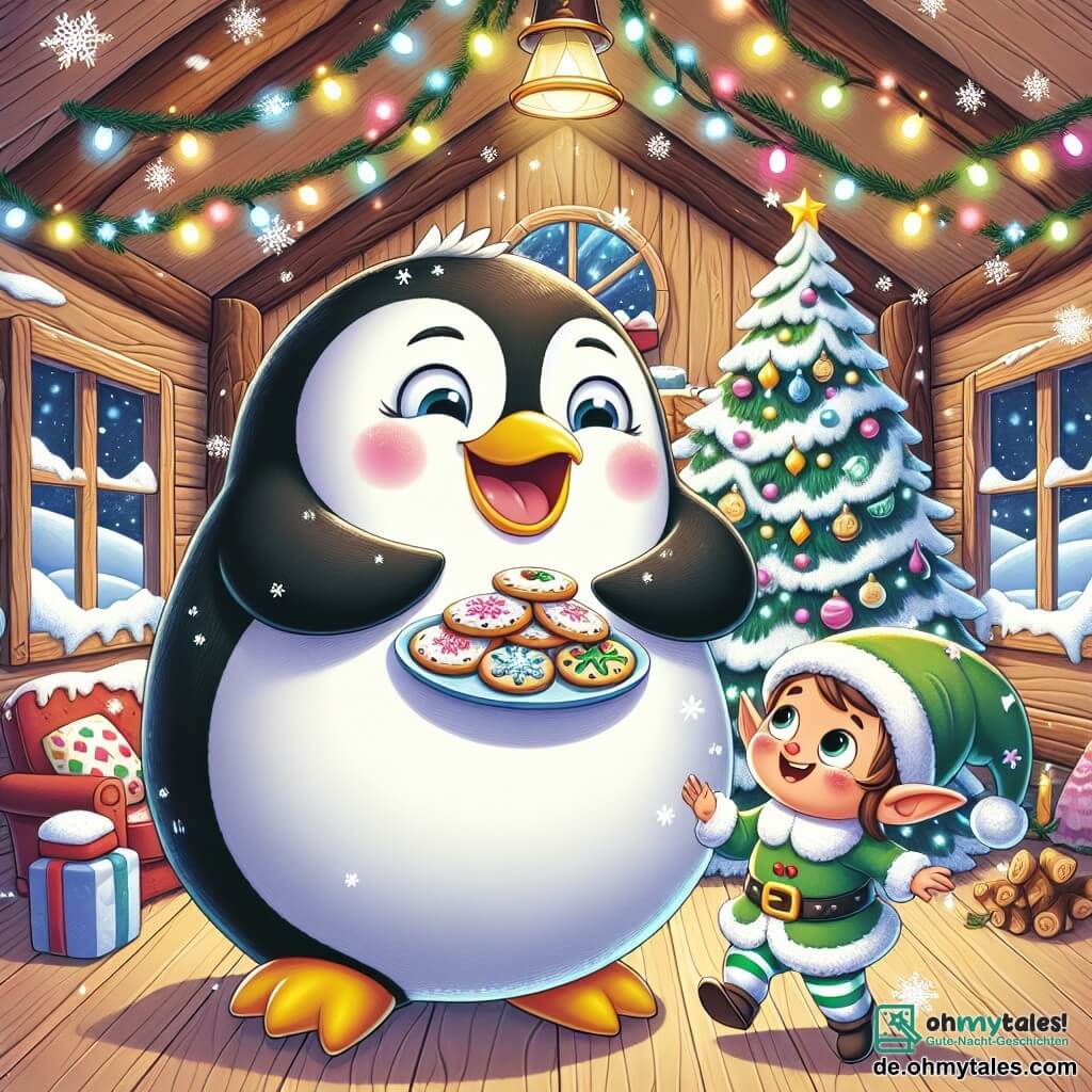 Ein fröhlicher Pinguin namens Piko, mit einem runden Bauch und schwarz-weißen Federn, tanzt begeistert in seinem gemütlichen, weihnachtlich dekorierten Wohnzimmer, ein großes Lächeln erhellt sein Gesicht. Neben ihm steht ein kleiner Elf mit funkelnden Augen und strahlender Haut, der ein niedliches grünes Tunika und einen spitzen Hut trägt, lächelnd mit einem Teller glitzernder Kekse in der Hand, was der Szene einen Hauch von Magie verleiht. Der Ort ist eine charmante Holzhütte mit Wänden, die mit Lichtergirlanden geschmückt sind, und einem großen, funkelnden Weihnachtsbaum in der Mitte, geschmückt mit bunten Kugeln und Zuckergirlanden. Die Hauptsituation zeigt Piko und den Elf, die verzauberte Kekse mit ihren tierischen Freunden aus dem Wald teilen, alle versammelt in einer festlichen Atmosphäre, zusammen singen und lachen, umgeben von sanft fallenden Schneeflocken draußen.