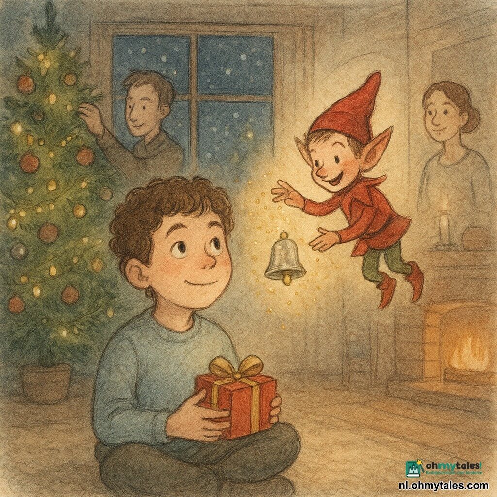 Jongen van 10, krullend bruin haar en blozende wangen, verwonderd en rustig zittend voor een versierde kerstboom met een klein rood pakje met gouden lint in zijn handen, kijkend naar een klein glanzend belletje; een guitige, goedhartige kabouter (klein, puntoren, rode muts) zweeft dichtbij en strooit gouden glitter; moeder (±35) rechts achteraan met opgestoken haar glimlacht bij een verlichte keukentafel, vader (±38) links hangt lichtjes in de boom; gezellige woonkamer 's nachts met brandende open haard, wollen tapijt, houten vloer en raam waar fijne sneeuw en straatverlichting te zien zijn; hoofdscène: magisch middernachtmoment waarop alles stil lijkt te vallen en een klare bel klinkt, warme kaars- en guirlandeverlichting contrasterend met het koude blauwe sneeuwlicht buiten.