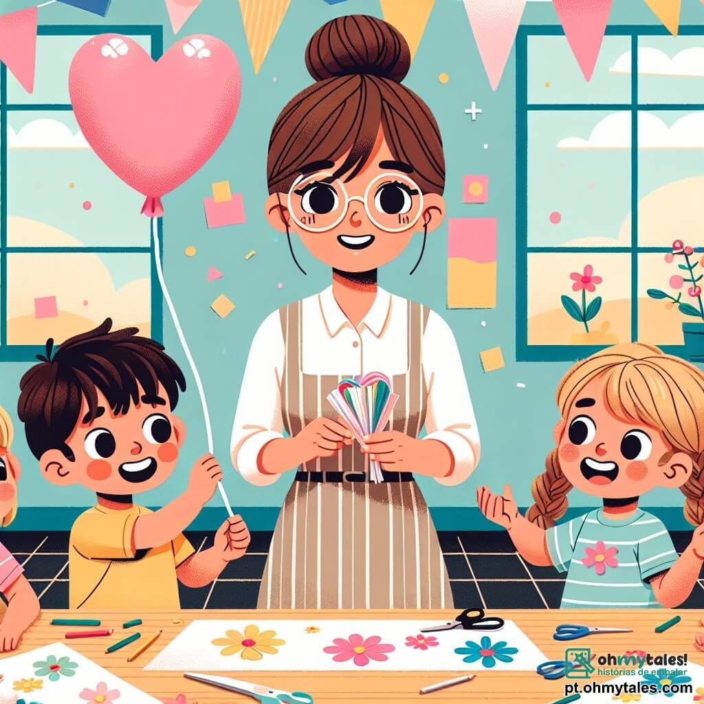 A cena mostra uma professora, Madame Marta, uma mulher de cerca de trinta anos, com cabelos castanhos presos em um coque, usando óculos redondos e um sorriso acolhedor. Ela está em pé no centro da sala de aula, cercada por decorações coloridas, segurando tesouras e folhas de papel, explicando às crianças como criar flores de papel. À sua direita, Lucas, um menino de 7 anos com cabelos loiros bagunçados e uma camiseta azul, está colando pedaços de papel em um grande cartaz, parecendo concentrado e entusiasmado. À sua esquerda, Sofia, uma menina de 6 anos com cabelos castanhos trançados e um vestido rosa, segura um balão em forma de coração e sorri alegremente, pronta para pendurar guirlandas de papel. A sala de aula é iluminada e acolhedora, com paredes pintadas de amarelo claro, cartazes coloridos pendurados e mesas de madeira dispostas em círculo, criando uma atmosfera festiva e alegre. A situação principal mostra Madame Marta e seus alunos se preparando para uma festa de fim de ano, cheios de empolgação e criatividade, contribuindo para decorar a sala com elementos coloridos e alegres.