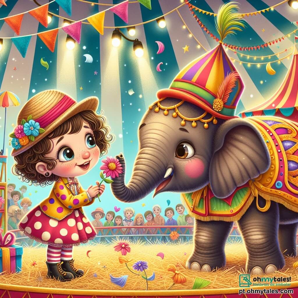 Uma menina de 4 anos, Sofia, com grandes olhos brilhantes e cabelos cacheados castanhos, usa um vestido colorido de bolinhas e um chapéu de palha. Ela sorri maravilhada, segurando uma flor nas mãos, enquanto observa um elefante amigável. Ao lado dela está João, o adestrador de animais, um homem na casa dos trinta anos, com um grande sorriso, vestindo um traje colorido e um chapéu engraçado. Ele se inclina levemente para Sofia, mostrando-lhe o elefante. A ilustração ocorre sob o grande picadeiro do circo, cheio de cores vibrantes, com faixas flutuantes e luzes cintilantes. O chão está coberto de palha e confetes, criando uma atmosfera festiva. Sofia está encantada com o elefante que lhe oferece uma flor com a tromba, enquanto o adestrador João os observa com orgulho, criando um momento mágico e alegre no coração do circo.