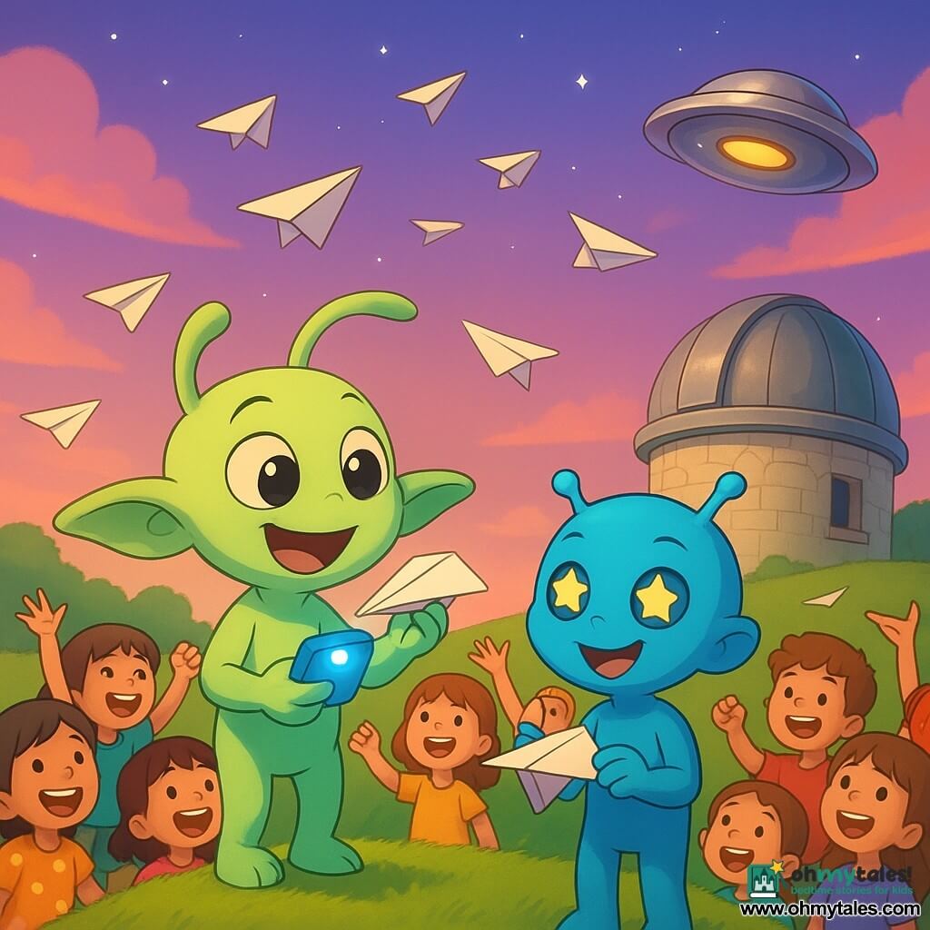 Bloop, a small round pale-green alien with long floppy ears, joyful and wide-eyed, holds a small glowing blue device aimed at a paper airplane; Zoggy, a small shiny-blue alien with star-shaped eyes, smiling and attentive, stands beside him showing a group of children how to fold a paper airplane; about ten excited, laughing human children of various ages in colorful clothes launch their paper planes into a late-afternoon sky with pink clouds and first stars; behind them a light-stone round observatory with a large metal dome and open window sits on a gentle grassy slope, and a small silver rounded spaceship hovers above the observatory with its hatch open and a soft glow inside; dynamic, bright scene with saturated colors, sharp cel-shaded shadows, exaggerated expressions and clear silhouettes, composition centered on Bloop and the flying planes.