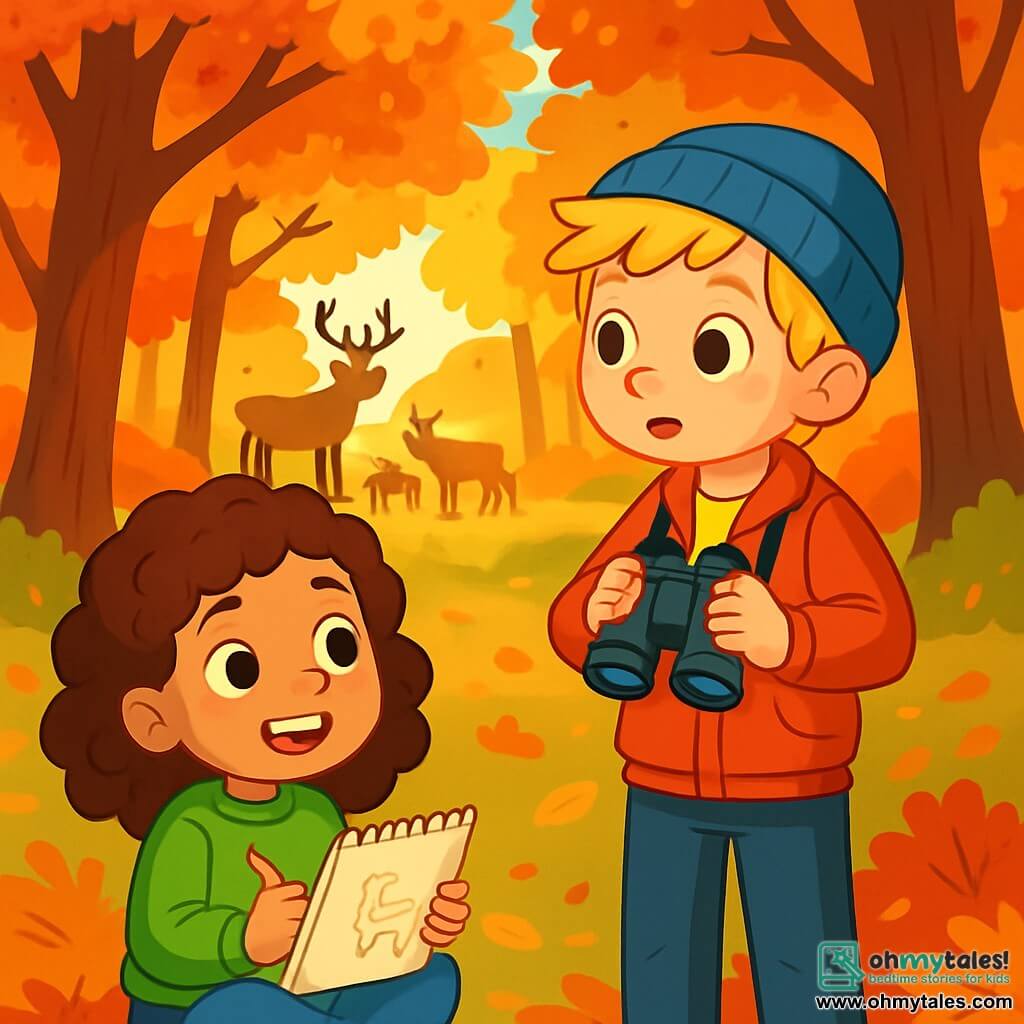 There are two main characters: Lily, a 7-year-old girl with curly brown hair, wearing a bright green sweater and jeans. She is sitting on the grass, holding a sketchbook, her eyes sparkling with excitement. Jack, a 7-year-old boy with messy blonde hair, is dressed in a red jacket and a blue beanie. He stands next to Lily, holding binoculars around his neck, curiously watching a group of deer in the distance. The scene takes place in an autumn forest, where majestic trees rise with vibrant leaves in shades of red, orange, and yellow. The ground is covered with crunchy leaves, and a gentle ray of sunlight filters through the branches, illuminating the scene with a golden light. The main situation shows Lily and Jack amazed by the beauty of nature, silently observing a family of deer grazing peacefully in a clearing, surrounded by bright autumn colors.