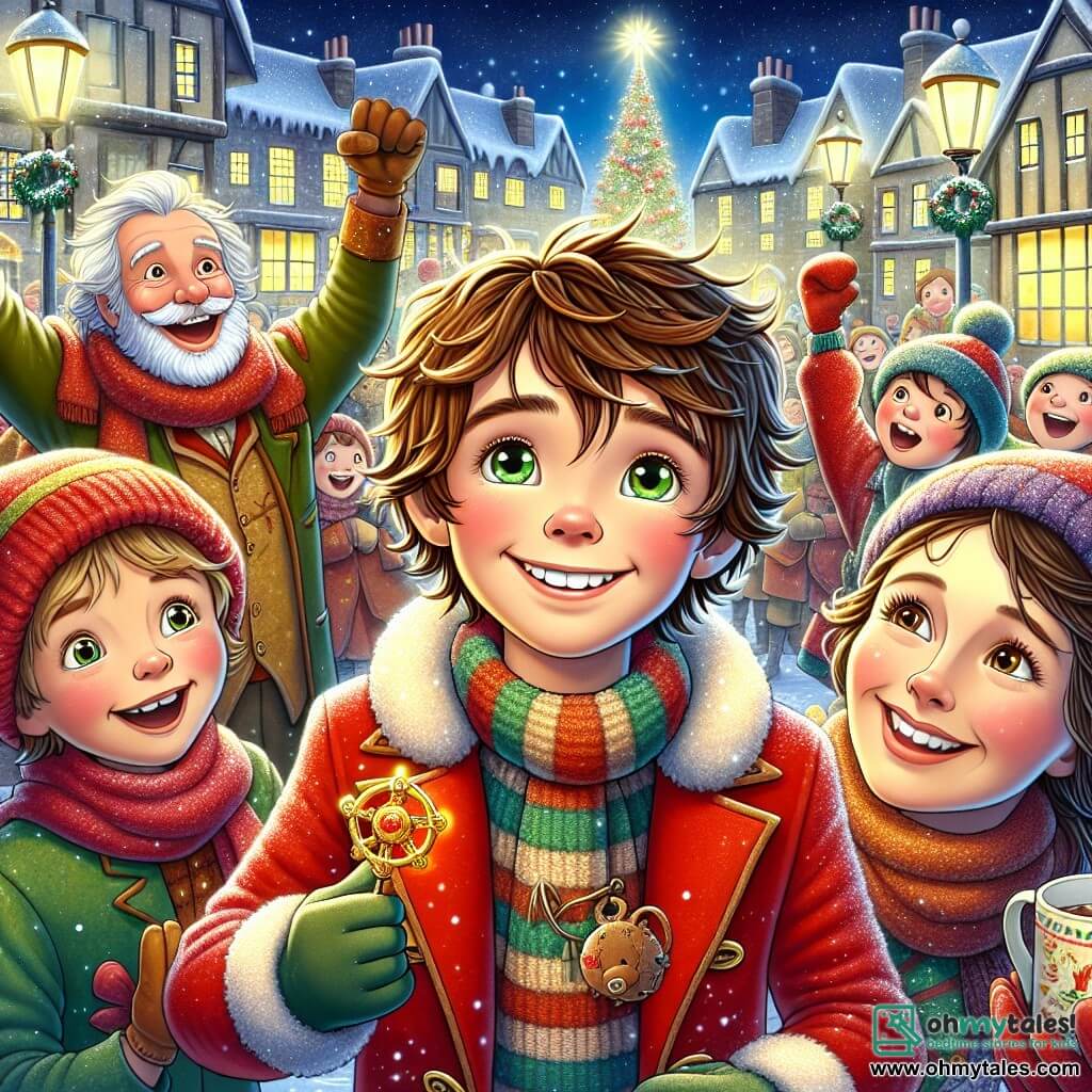 An 11-year-old boy named Oliver stands center stage with messy brown hair and sparkling green eyes full of excitement. He wears a bright red coat, a knitted scarf, and gloves, smiling widely while holding an old, shiny keyring. Next to him is his mother, a woman in her forties with brown hair and glasses, tenderly smiling as she holds a plate of decorated Christmas cookies, while his jovial father, a man with a white beard, stands behind them, laughing and raising a mug of hot chocolate. The scene takes place in the village of Winterberry, where houses are covered in sparkling snow, and a large illuminated Christmas tree stands in the town square, surrounded by colorful lanterns shining in the starry night. Oliver, surrounded by his family and villagers, enthusiastically shares stories of his adventures in the magical cave, as children laugh and play around him, creating a warm, festive atmosphere full of joy and Christmas spirit.