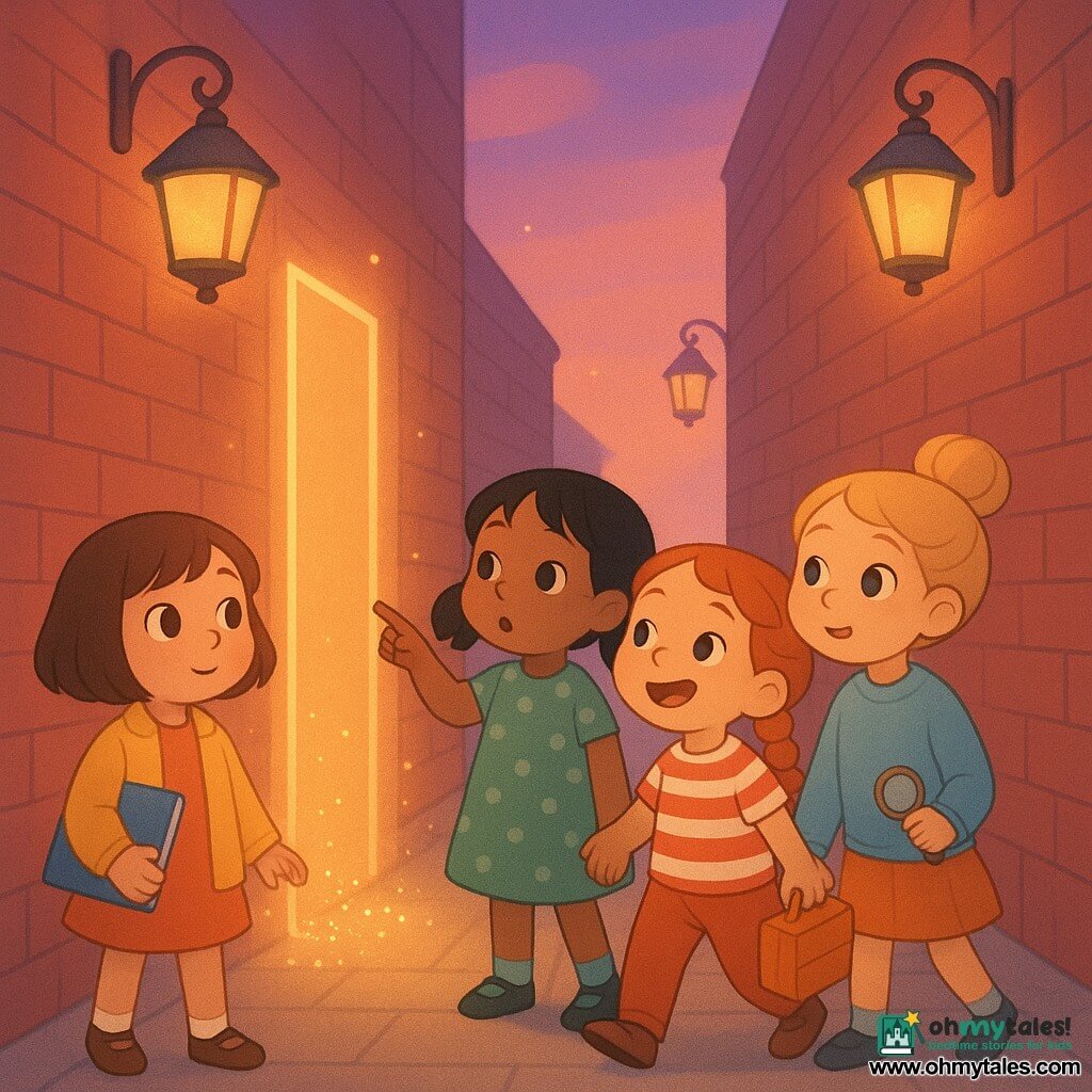 Four 6-year-old girls stand hand in hand in a narrow brick alley called "Twilight Alley" before a thin golden door of light that opens only at dusk: Lina with short brown hair, bright eyes and a small yellow jacket holding a blue sketchbook and looking toward the door at center-left; Mira with black pigtails and a green polka-dot dress sniffing the air and pointing at a beam of light to Lina’s right; Jo with red braided hair in a red-and-white striped shirt laughing and holding a drawn lunchbox, slightly forward and ready to run; Tess with blonde hair in a bun, a light blue sweater and a small silver magnifying glass, standing beside Lina and holding her hand. The scene has smooth cobblestones, floating round lanterns, peach-and-violet twilight light, tiny golden sparks swirling around the threshold, warm mysterious mood, bright pastel colors, clean lines and simple shapes suitable for a children’s book.